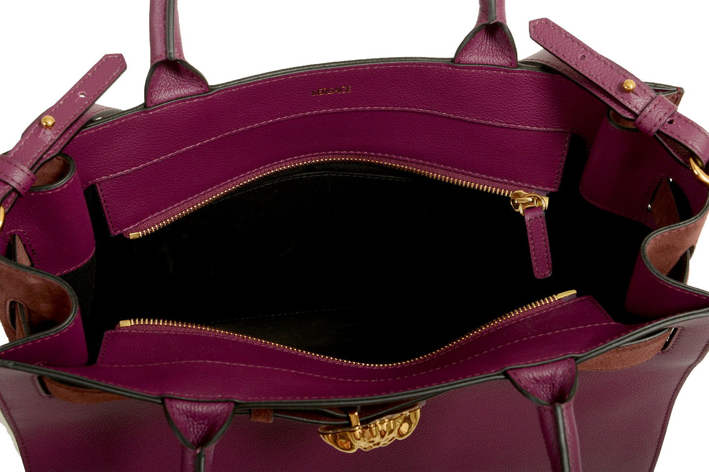 Versace Grained Leather & Suede Gold Medusa Large Tote Handbag Shoulder Bag
