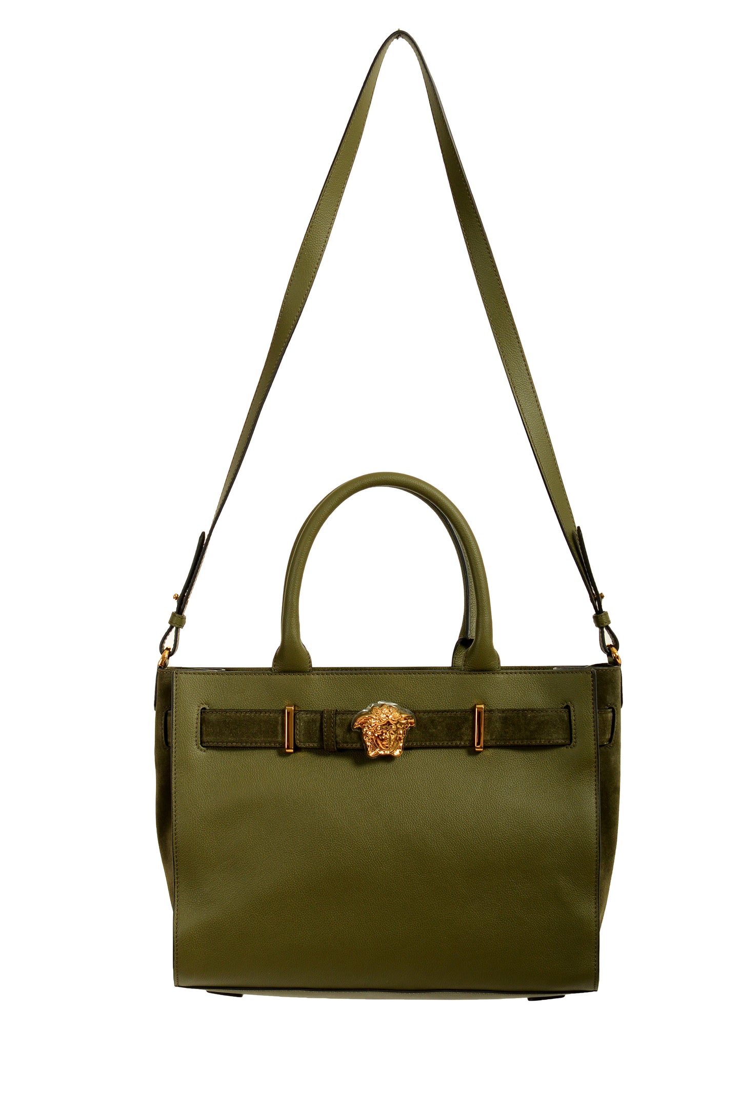 Versace Grained Leather & Suede Gold Medusa Large Tote Handbag Shoulder Bag