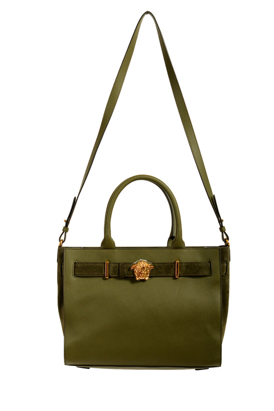 Versace Grained Leather & Suede Gold Medusa Large Tote Handbag Shoulder Bag