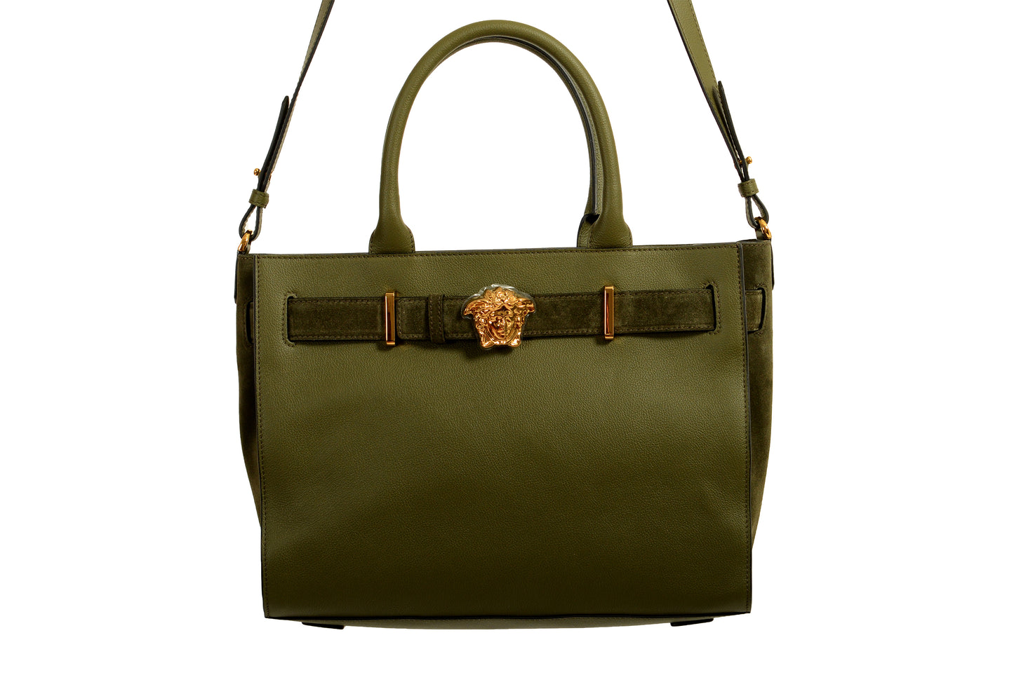 Versace Grained Leather & Suede Gold Medusa Large Tote Handbag Shoulder Bag
