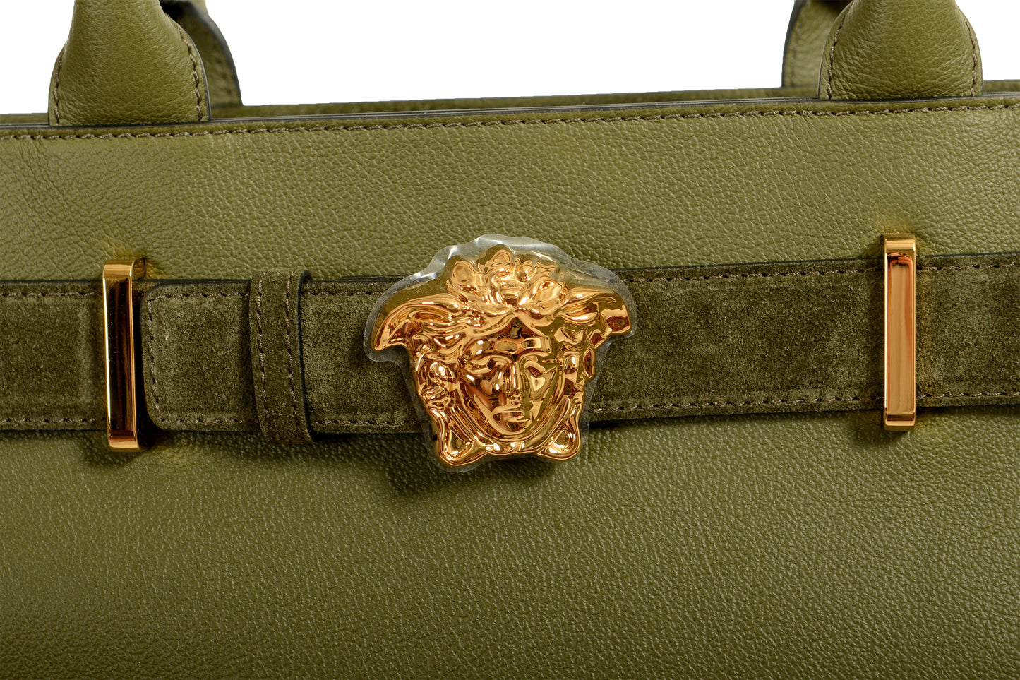 Versace Grained Leather & Suede Gold Medusa Large Tote Handbag Shoulder Bag