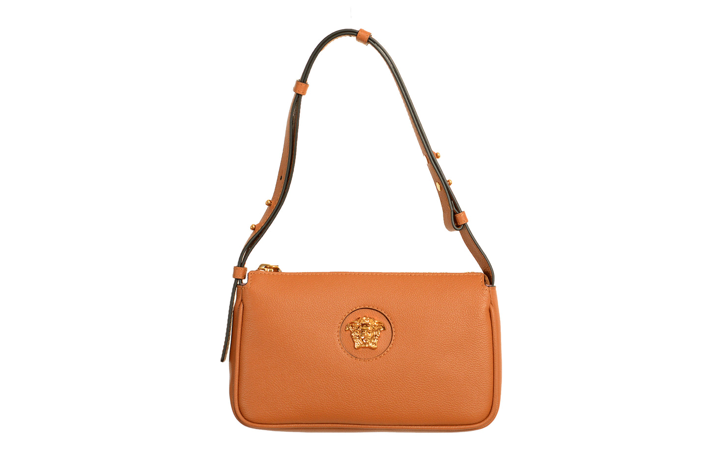 Versace Brown Grained Leather Gold Medusa Small Handbag Shoulder Bag