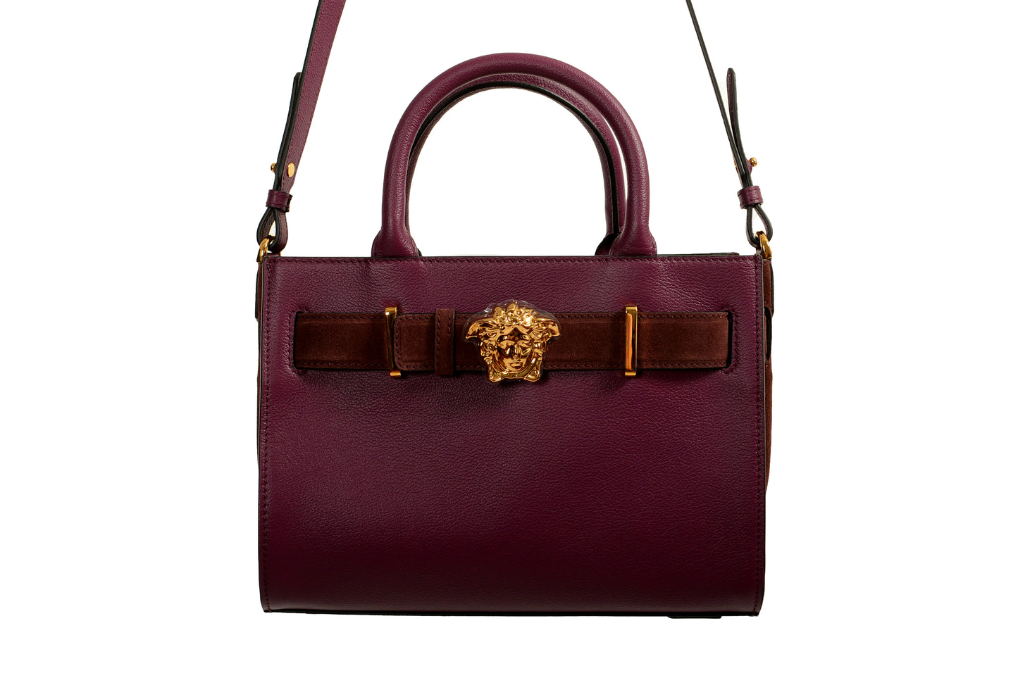 Versace Grained Leather & Suede Gold Medusa Large Tote Handbag Shoulder Bag