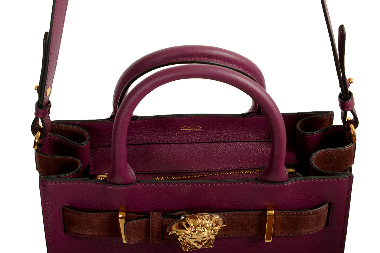 Versace Grained Leather & Suede Gold Medusa Large Tote Handbag Shoulder Bag