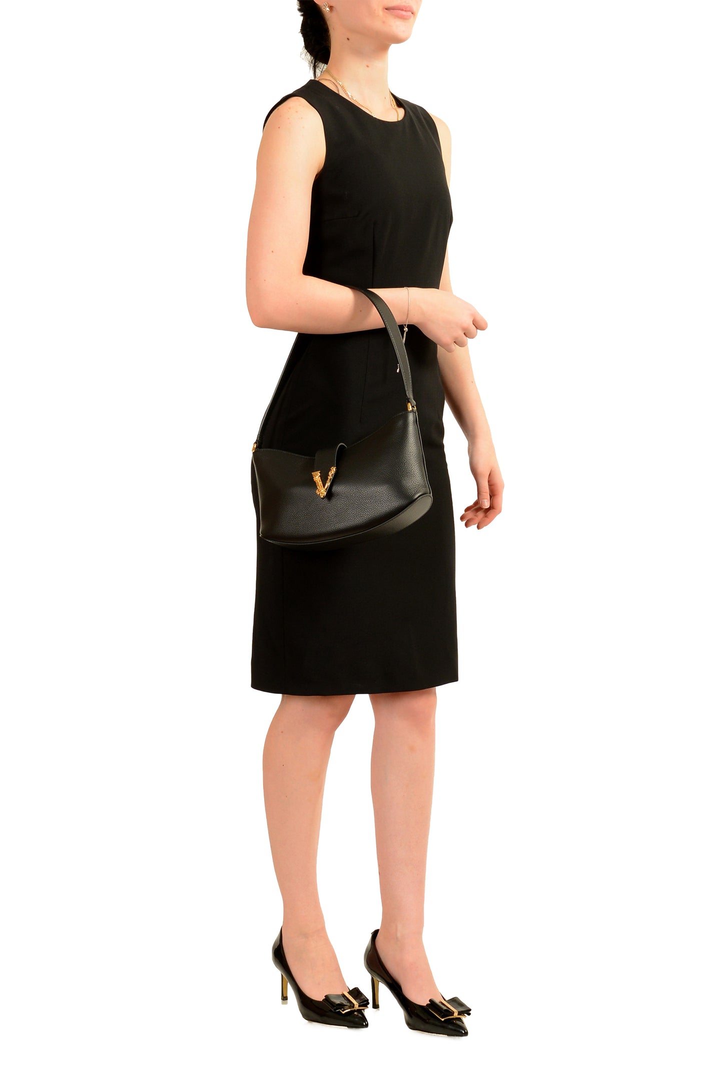 Versace Black Grained Leather Gold V-Logo Small Handbag Shoulder Bag