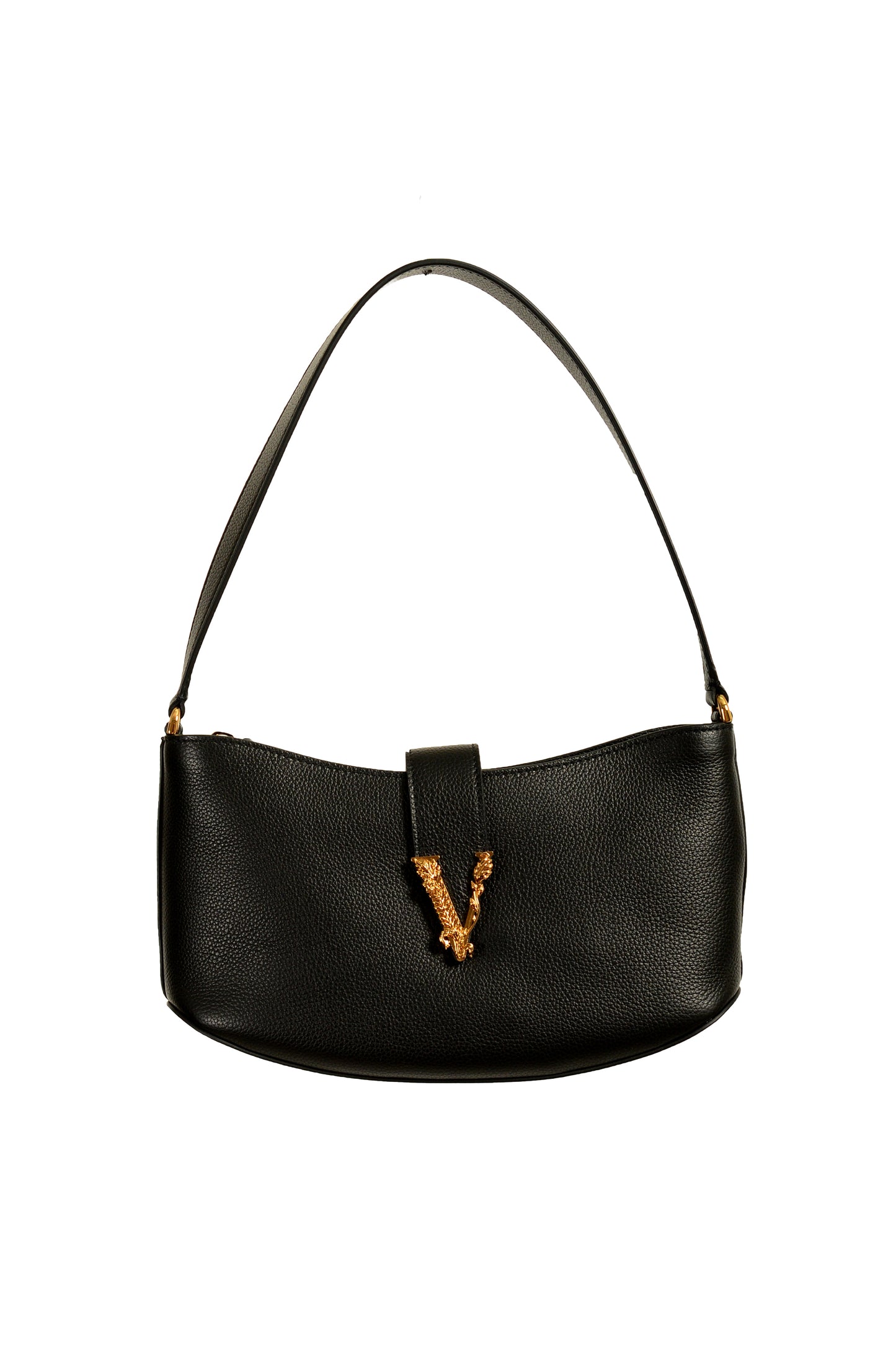Versace Black Grained Leather Gold V-Logo Small Handbag Shoulder Bag