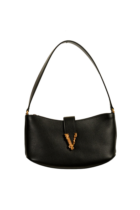 Versace Black Grained Leather Gold V-Logo Small Handbag Shoulder Bag
