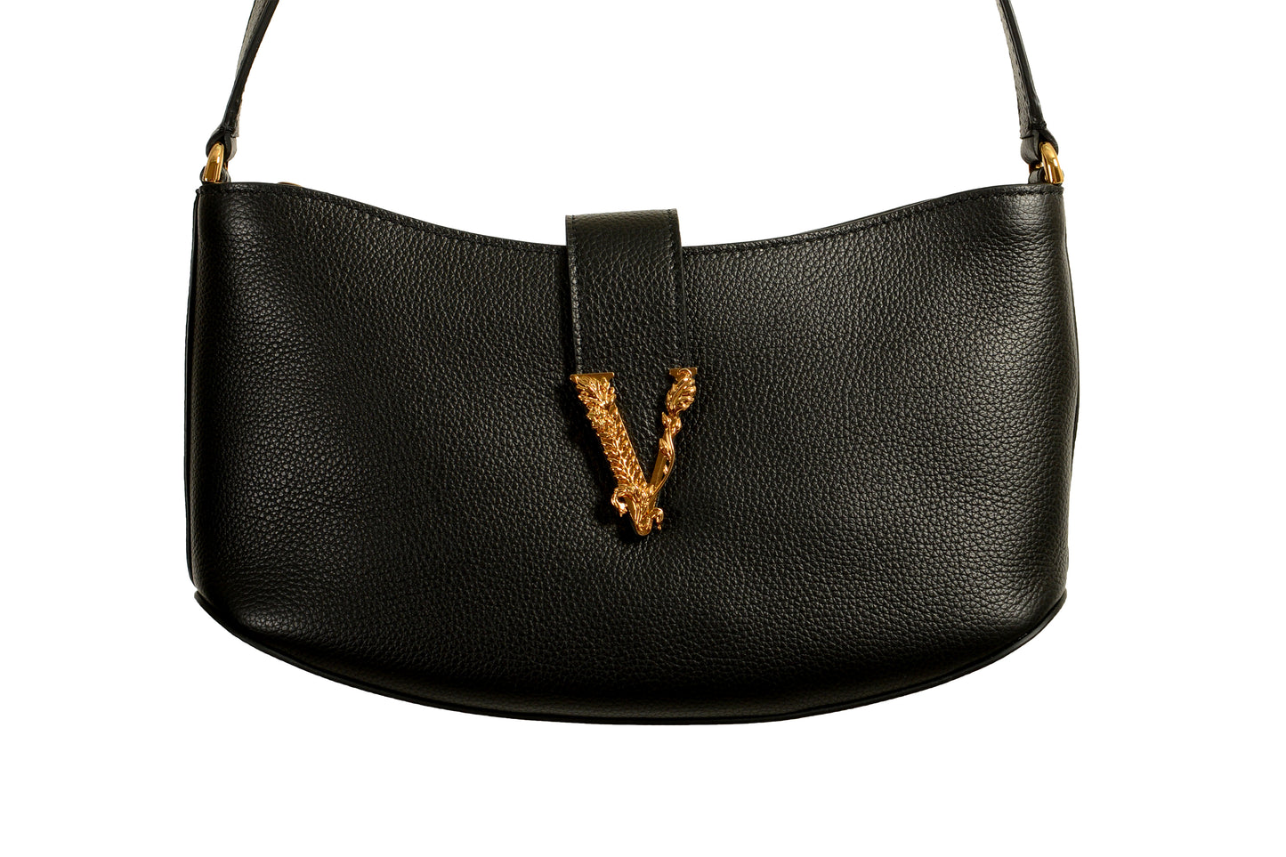 Versace Black Grained Leather Gold V-Logo Small Handbag Shoulder Bag