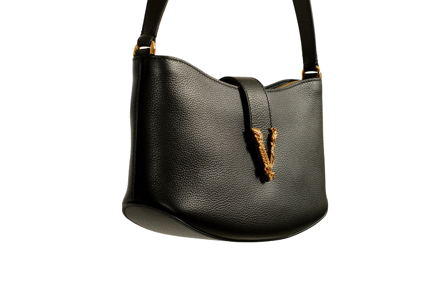 Versace Black Grained Leather Gold V-Logo Small Handbag Shoulder Bag