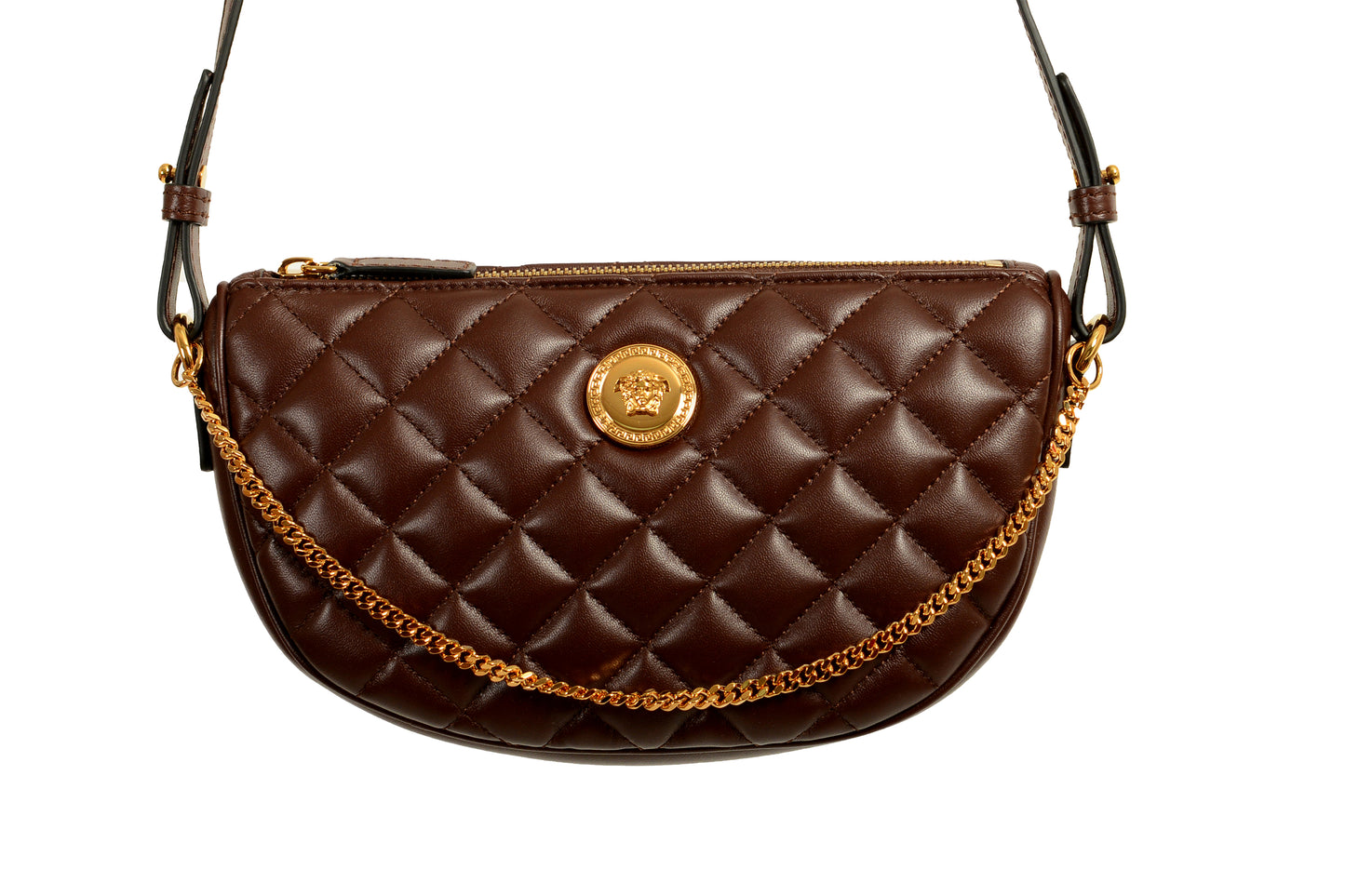 Versace Women's Leather Gold Medusa Quilted Half Moon Chain Handbag Shoulder Bag