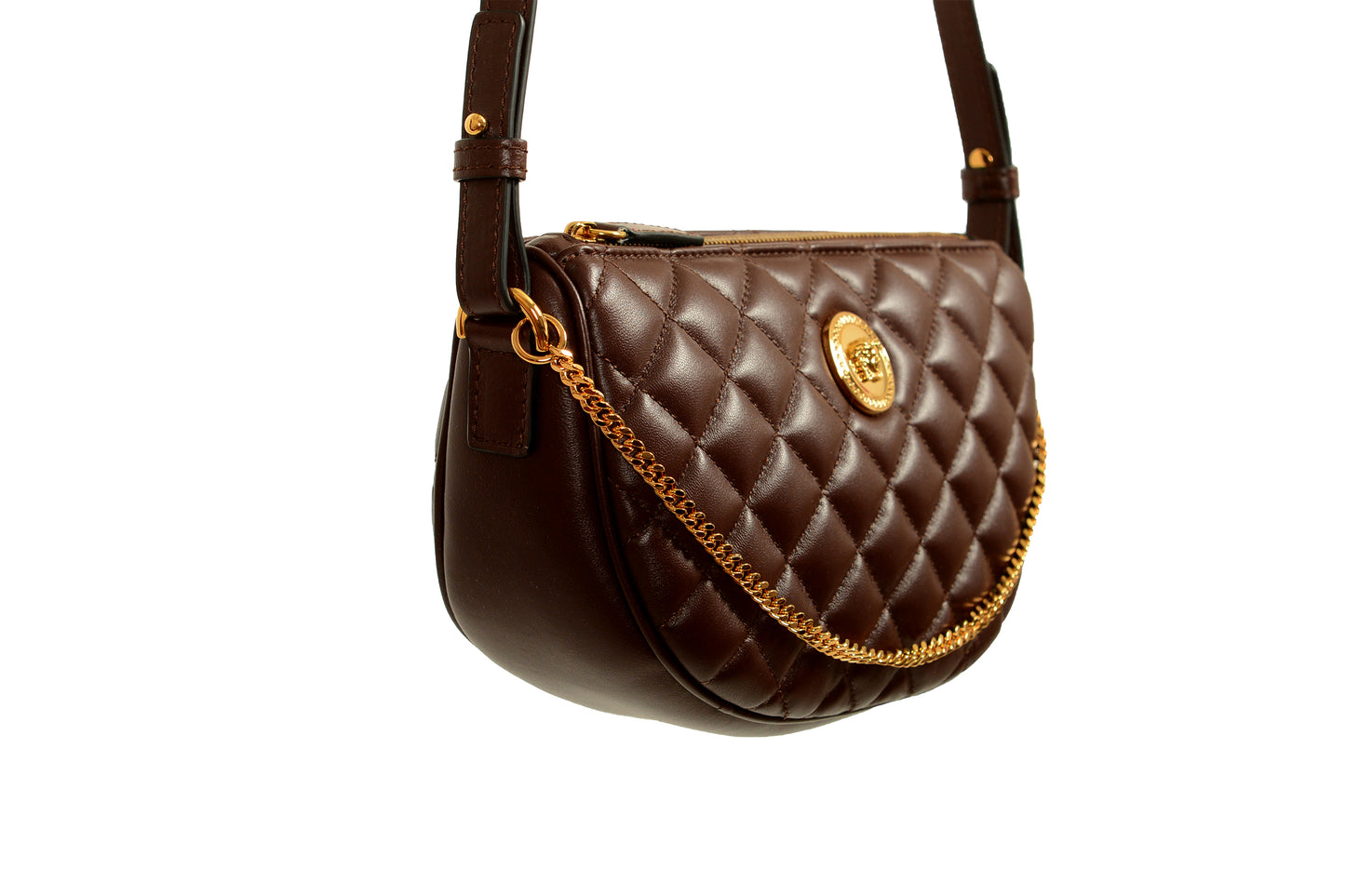 Versace Women's Leather Gold Medusa Quilted Half Moon Chain Handbag Shoulder Bag