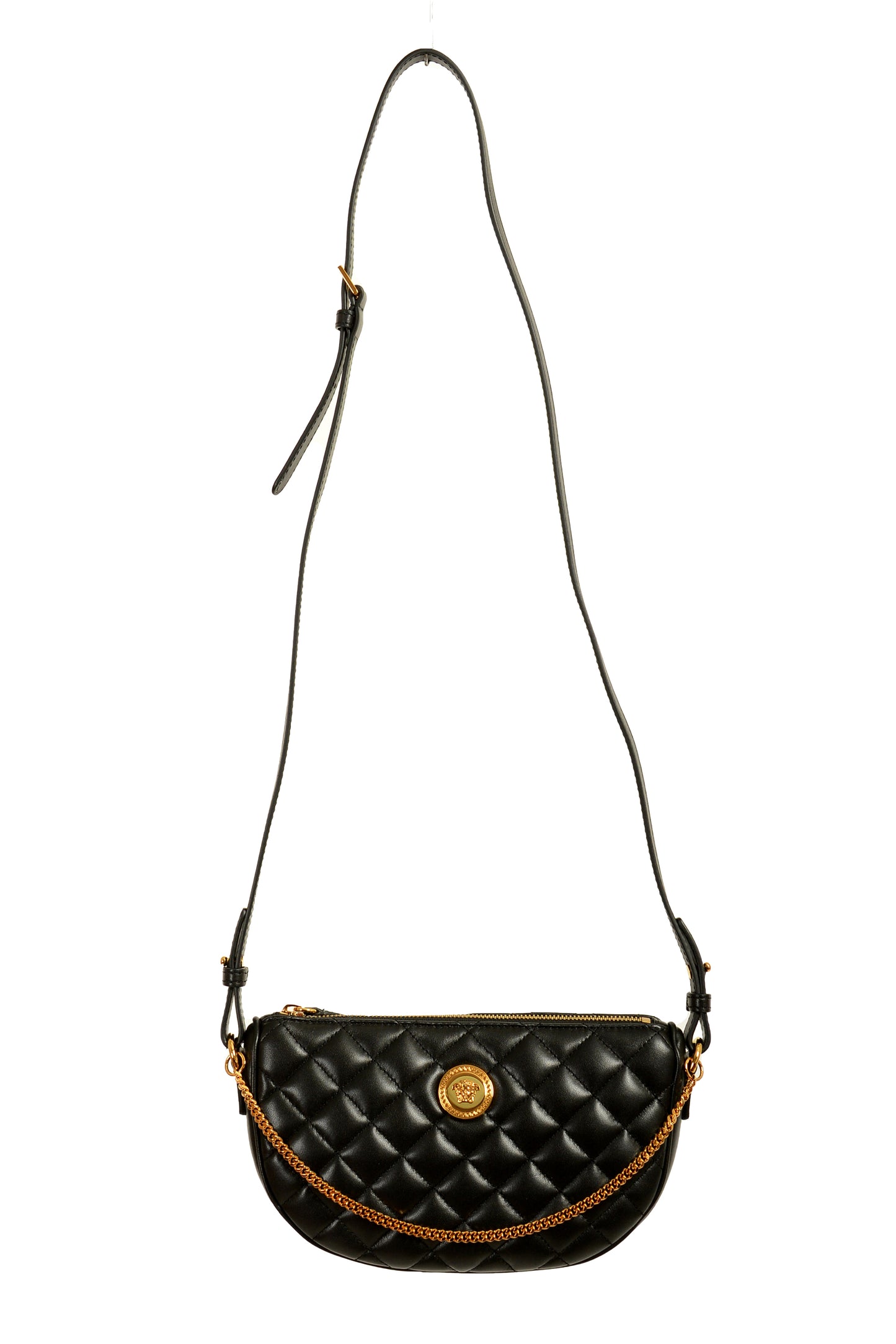 Versace Women's Leather Gold Medusa Quilted Half Moon Chain Handbag Shoulder Bag