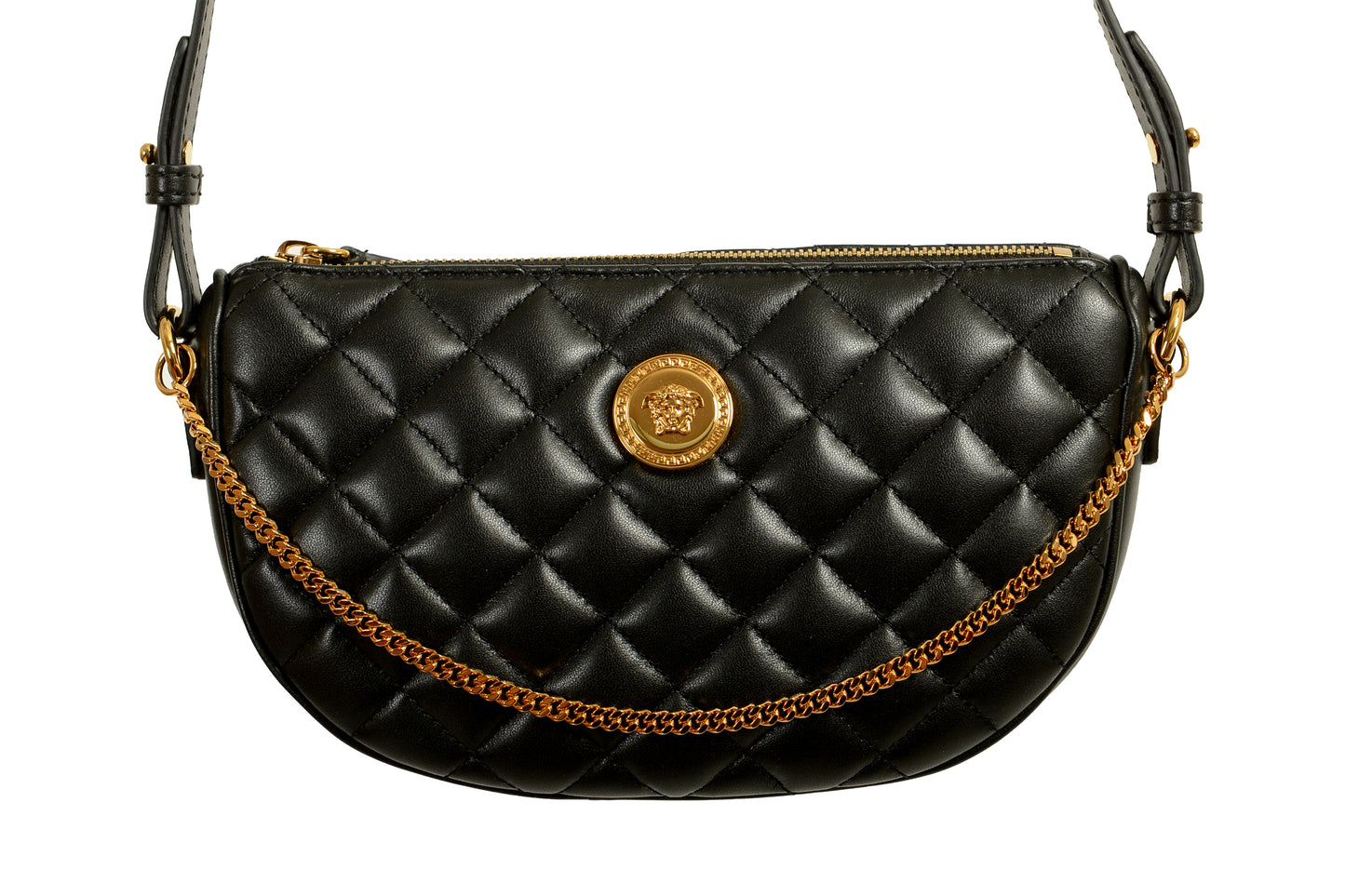 Versace Women's Leather Gold Medusa Quilted Half Moon Chain Handbag Shoulder Bag