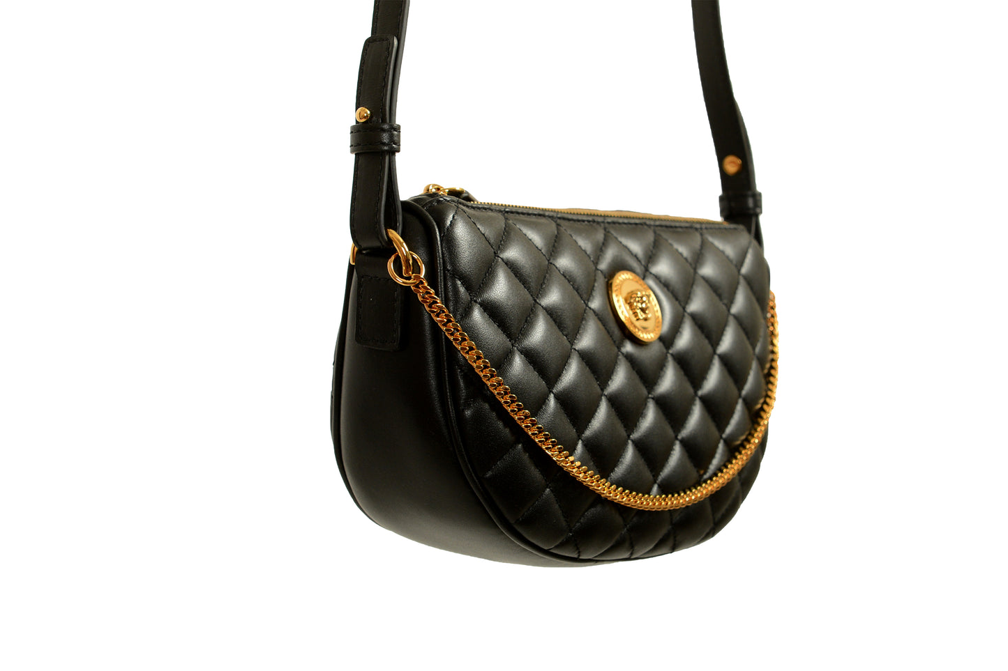 Versace Women's Leather Gold Medusa Quilted Half Moon Chain Handbag Shoulder Bag