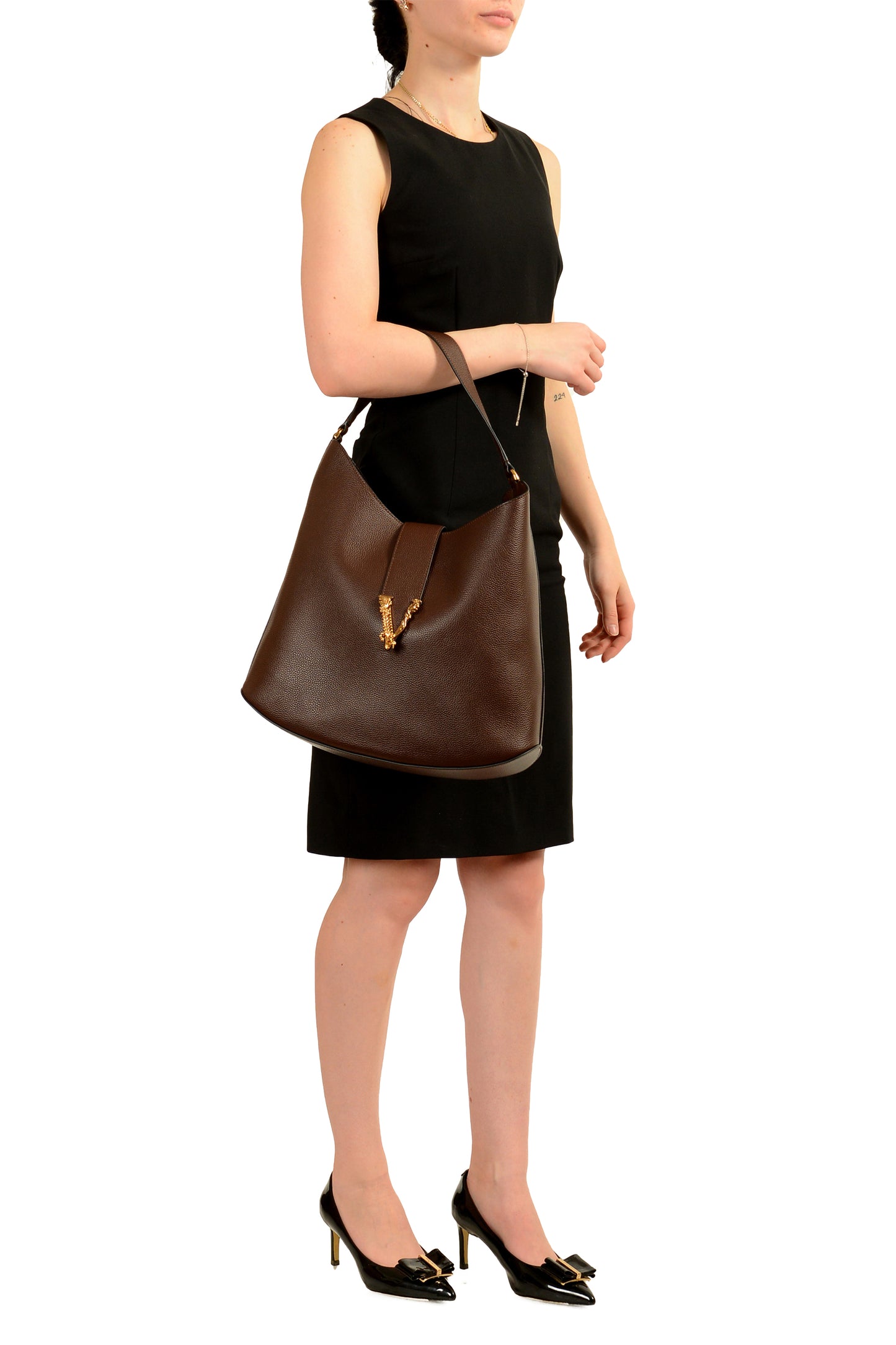 Versace Women's Brown 100% Grainy Leather V-Logo Hobo Handbag Shoulder Bag