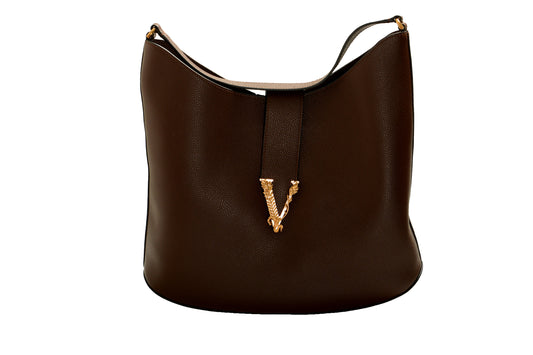 Versace Women's Brown 100% Grainy Leather V-Logo Hobo Handbag Shoulder Bag