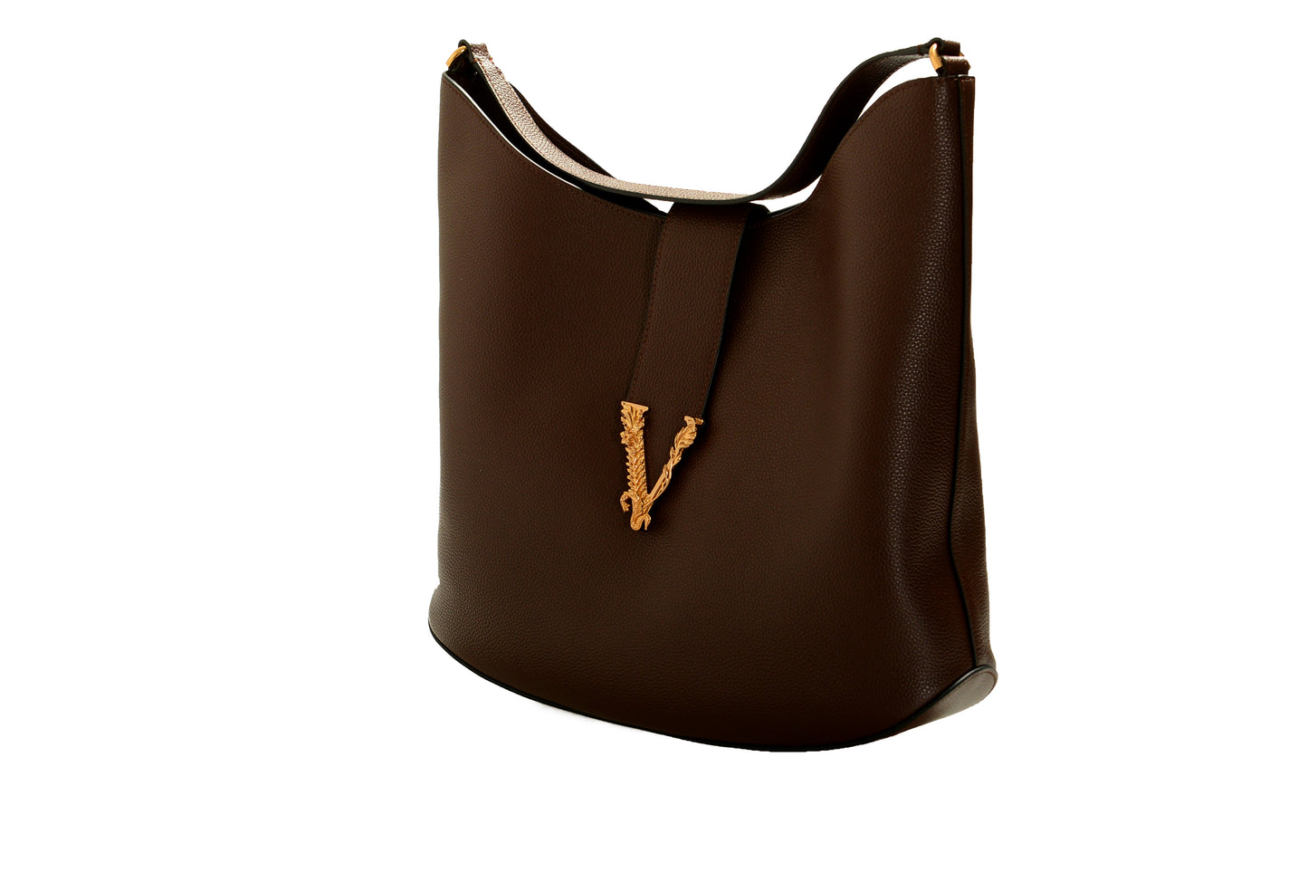Versace Women's Brown 100% Grainy Leather V-Logo Hobo Handbag Shoulder Bag