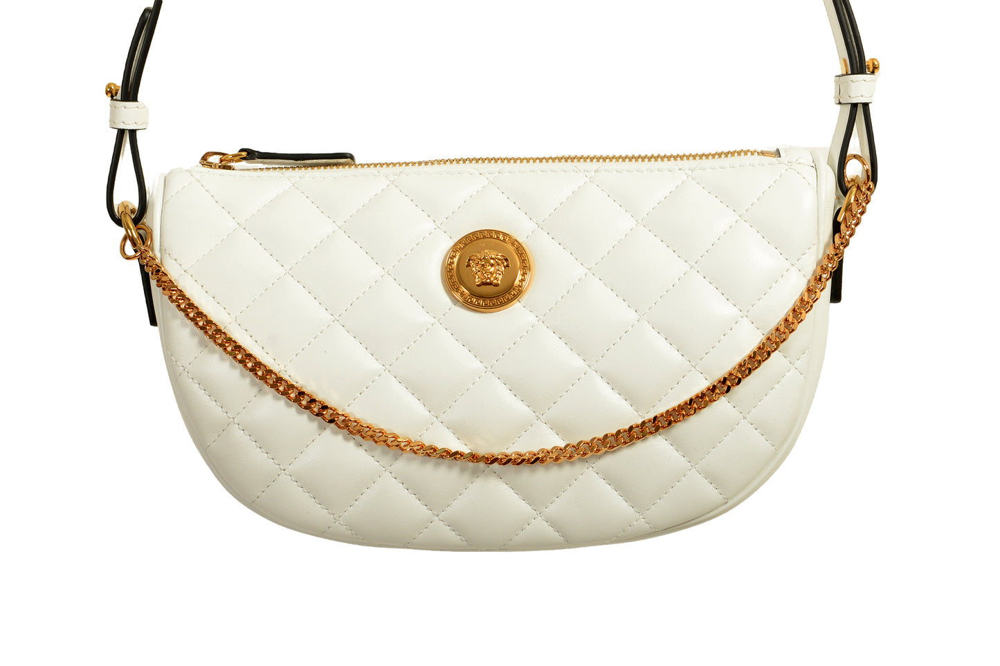 Versace Women's Leather Gold Medusa Quilted Half Moon Chain Handbag Shoulder Bag