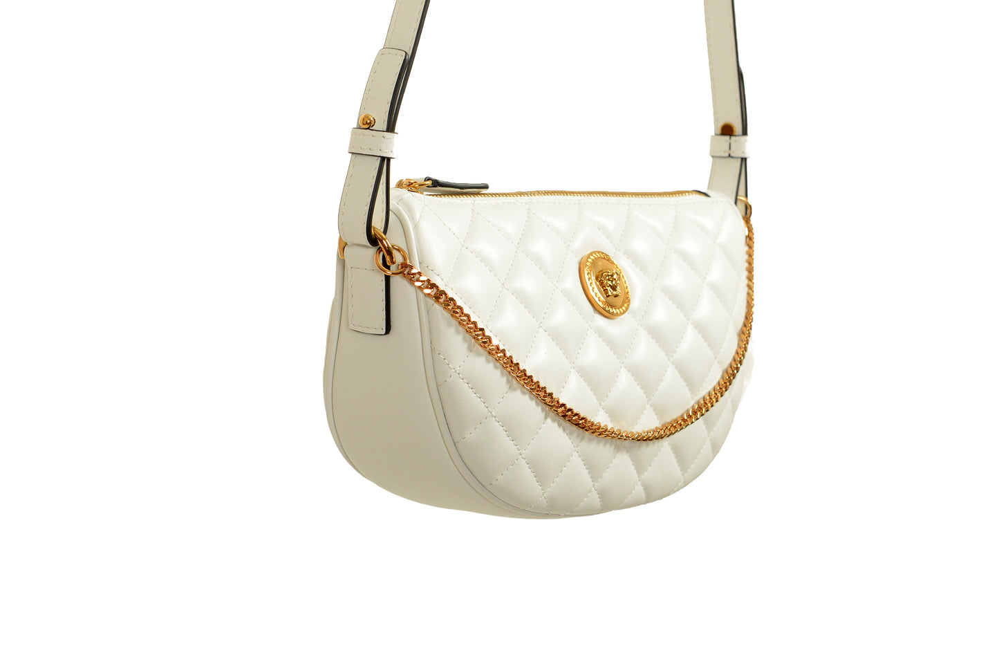 Versace Women's Leather Gold Medusa Quilted Half Moon Chain Handbag Shoulder Bag
