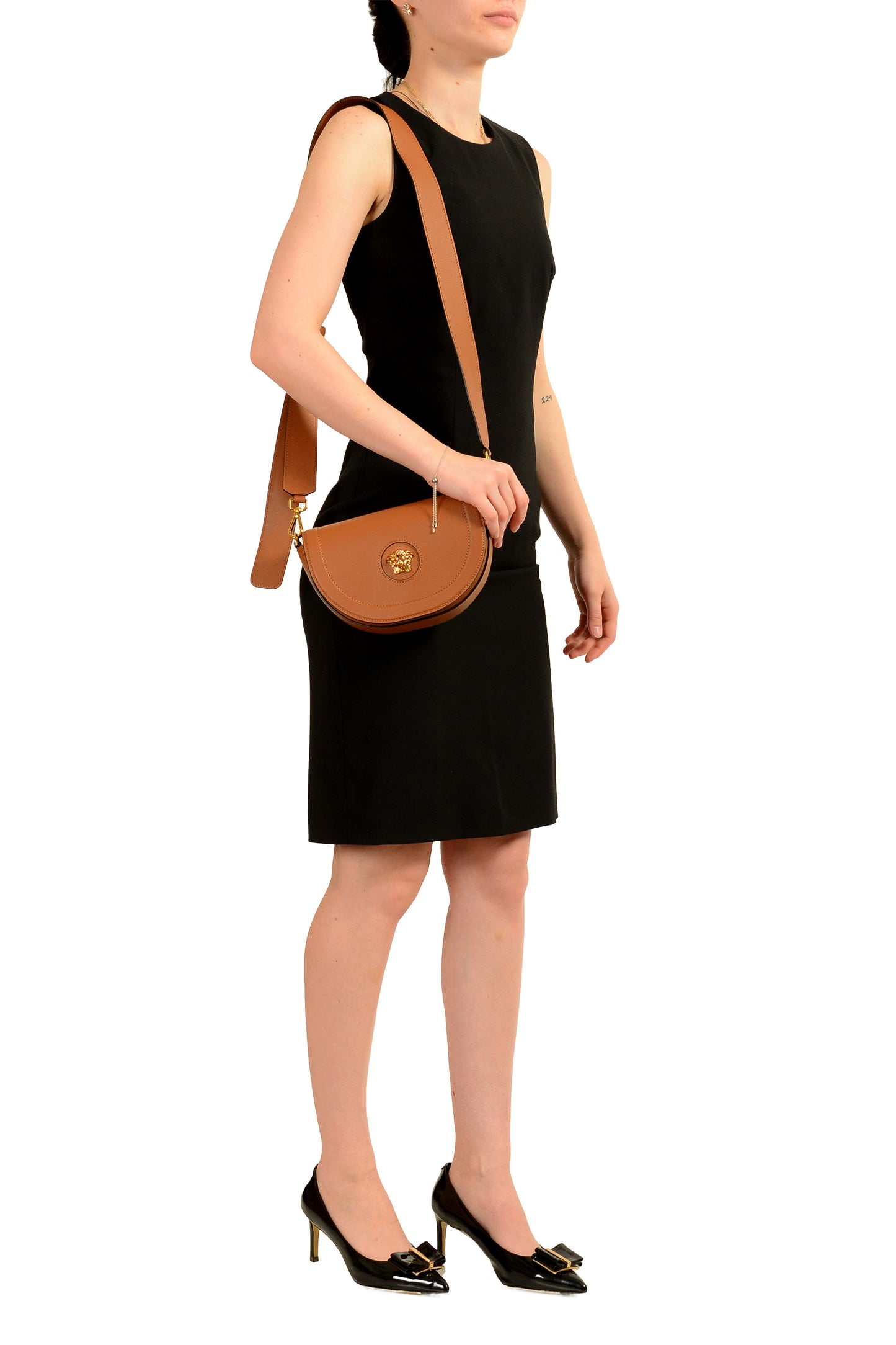 Versace Women's Grainy Leather Gold Medusa Half Moon Handbag Shoulder Bag