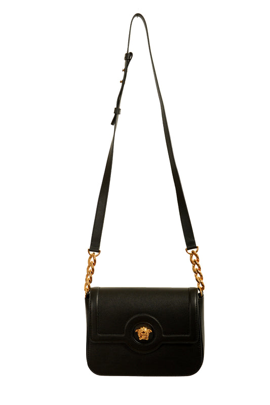 Versace Women's Black Grainy Leather Gold Medusa Satchel Shoulder Bag