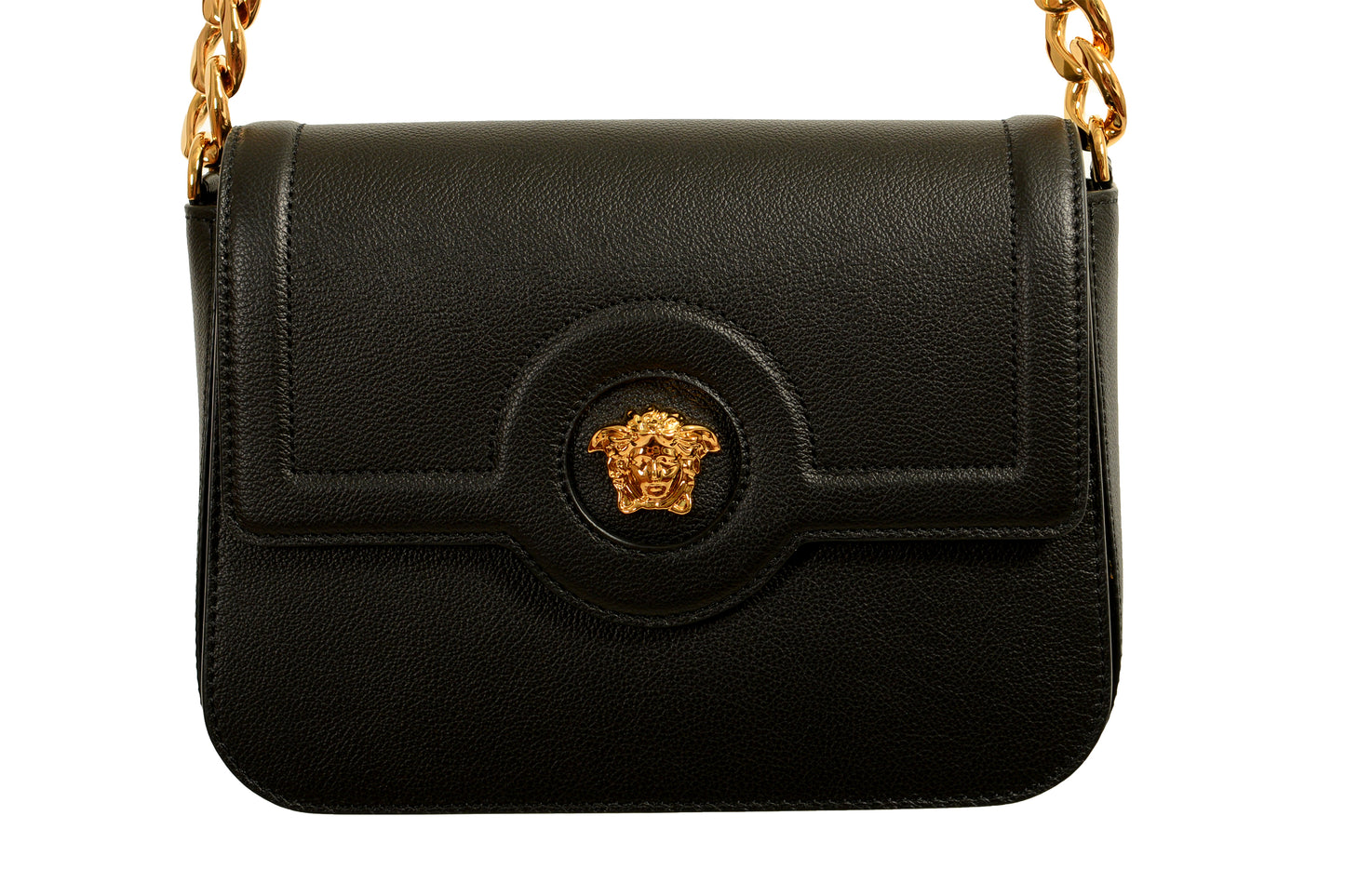 Versace Women's Black Grainy Leather Gold Medusa Satchel Shoulder Bag