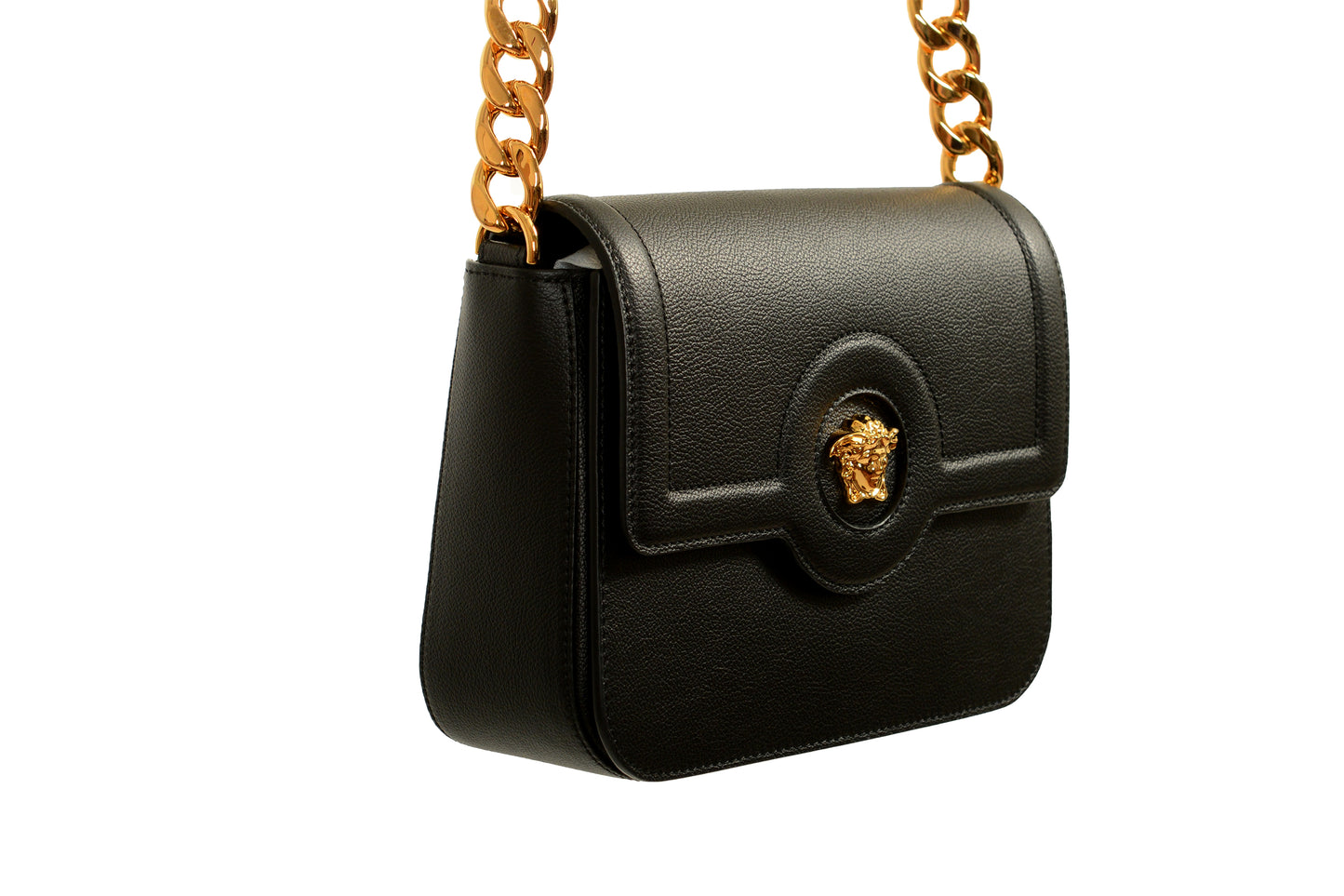 Versace Women's Black Grainy Leather Gold Medusa Satchel Shoulder Bag