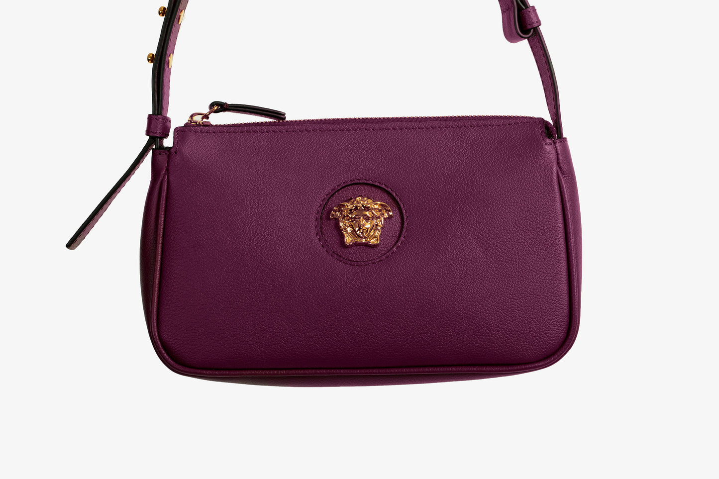 Versace Plum Purple Grainy Leather Gold Medusa Small Handbag Shoulder Bag