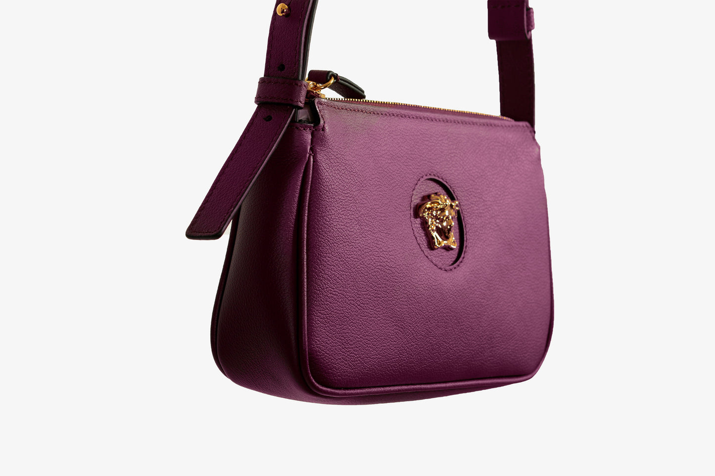 Versace Plum Purple Grainy Leather Gold Medusa Small Handbag Shoulder Bag