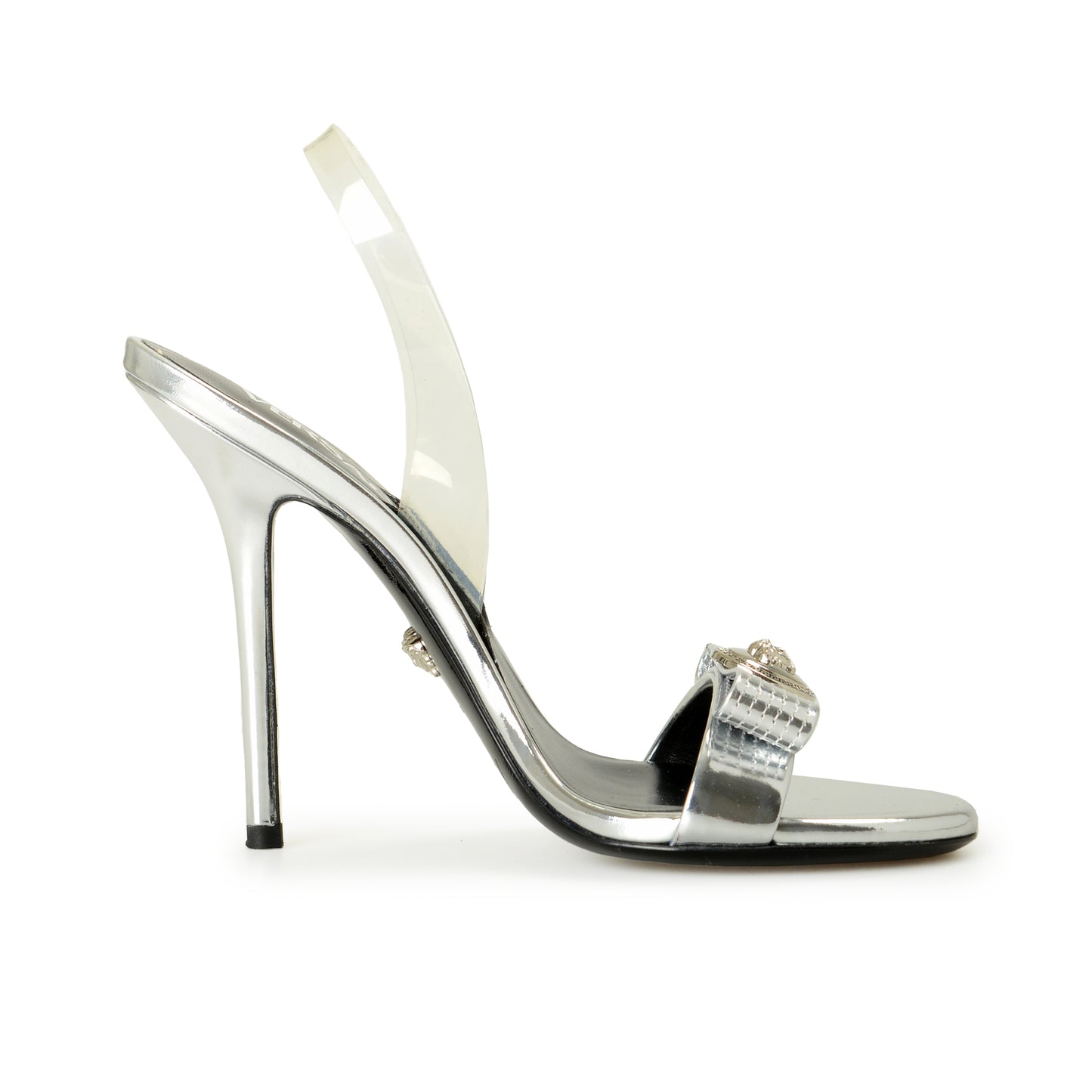 Versace Women's Leather Silver Color Medusa Heeled Sandals Shoes US 6 IT 36