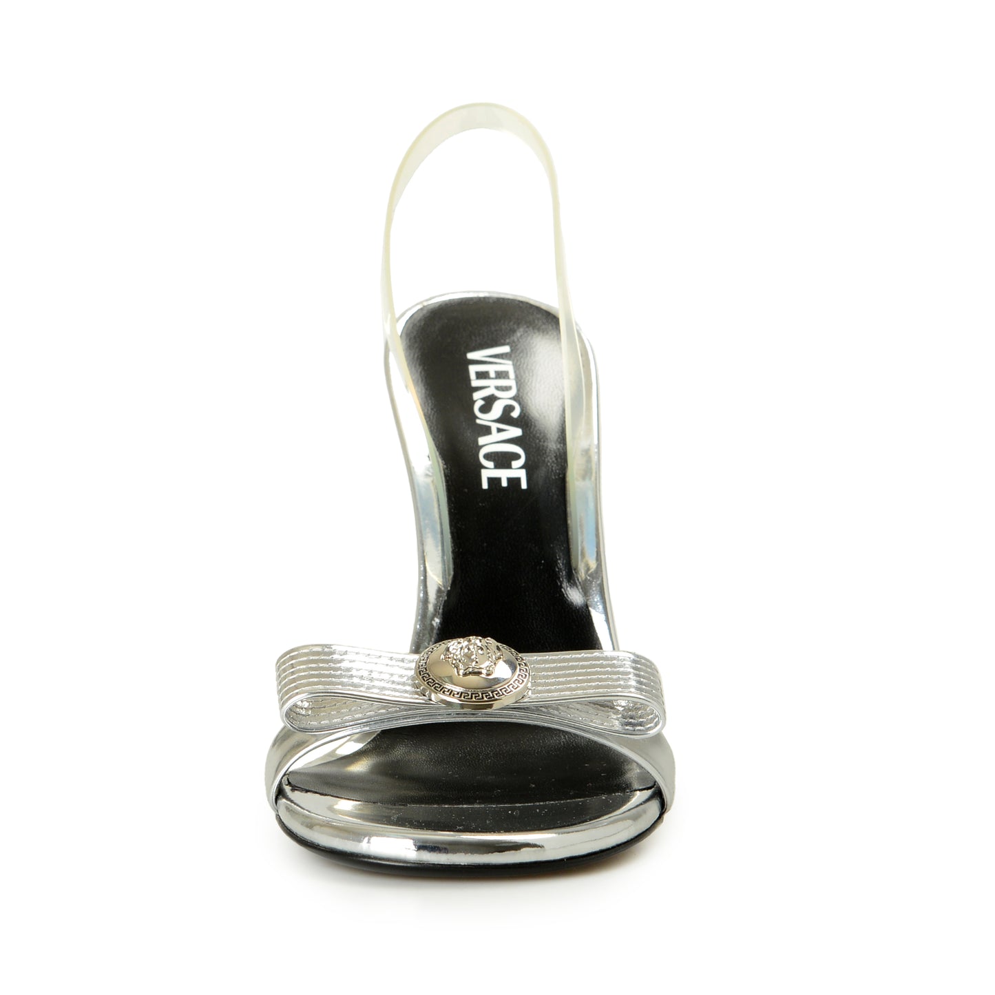 Versace Women's Leather Silver Color Medusa Heeled Sandals Shoes US 6 IT 36