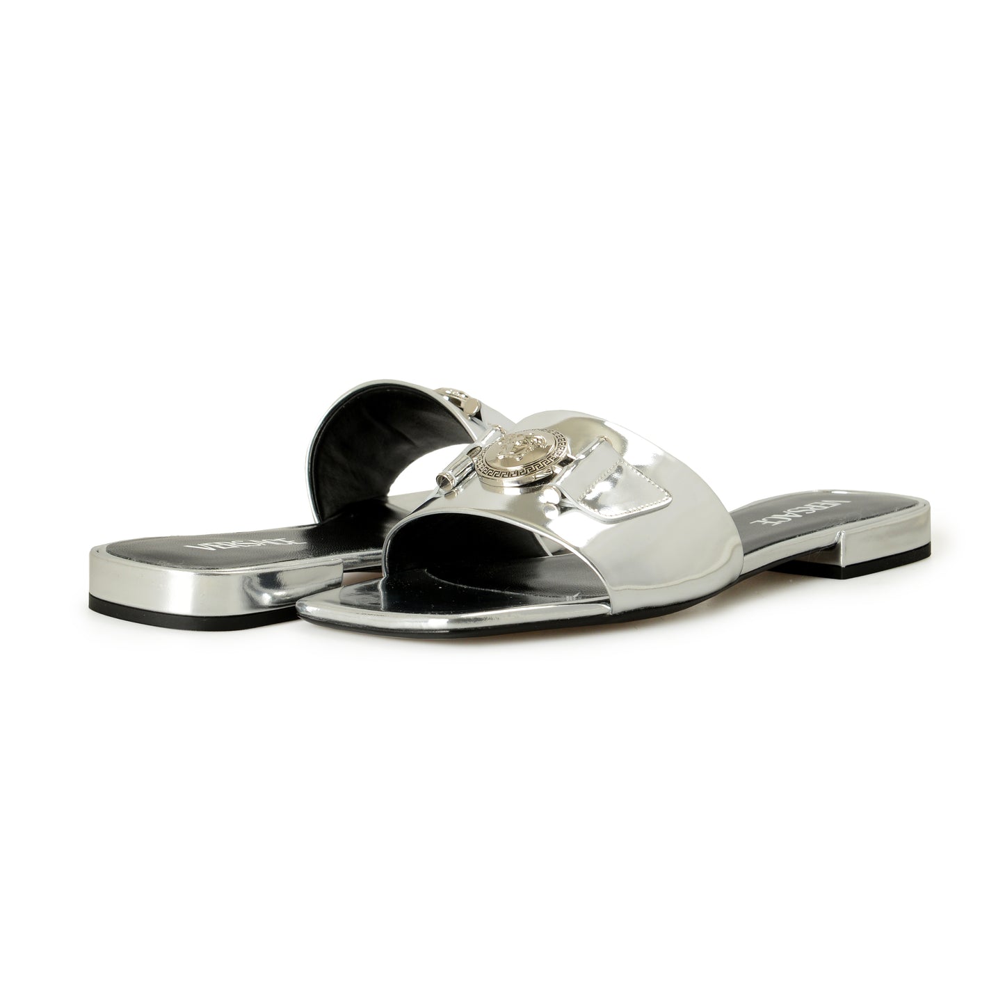 Versace Women's Patent Leather Logo Sandals Flip Flop Mules Shoes US 7 IT 37