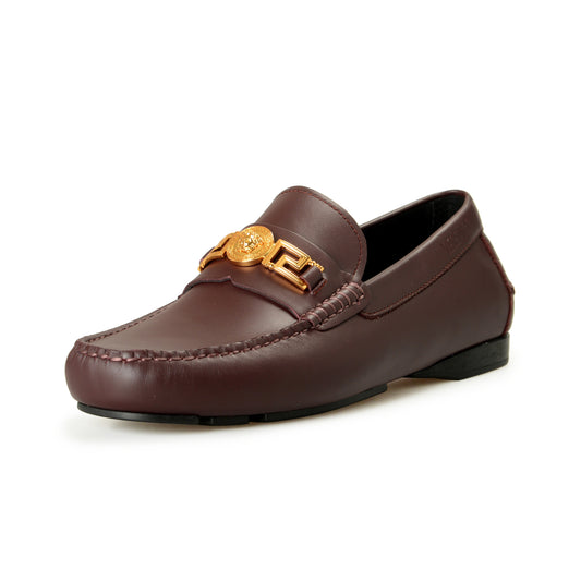 Versace Men's Burgundy 100% Leather Gold Medusa Driver Loafers Shoes US 9 IT 42