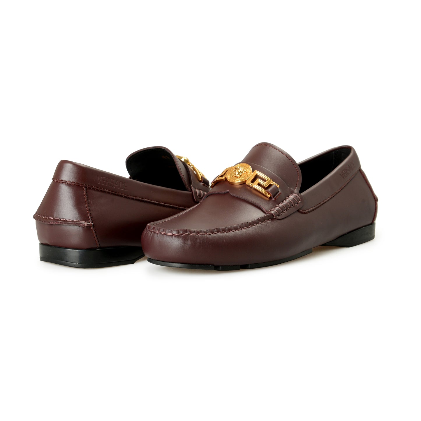 Versace Men's Burgundy 100% Leather Gold Medusa Driver Loafers Shoes US 8 IT 41