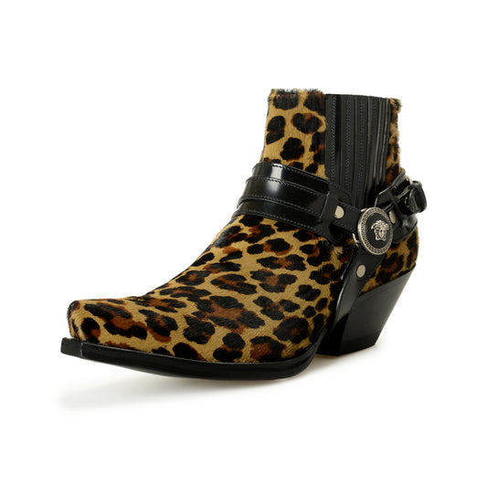 Versace Women's Pony Hair Leather Silver Medusa Heeled Booties Shoes US 9 IT 39
