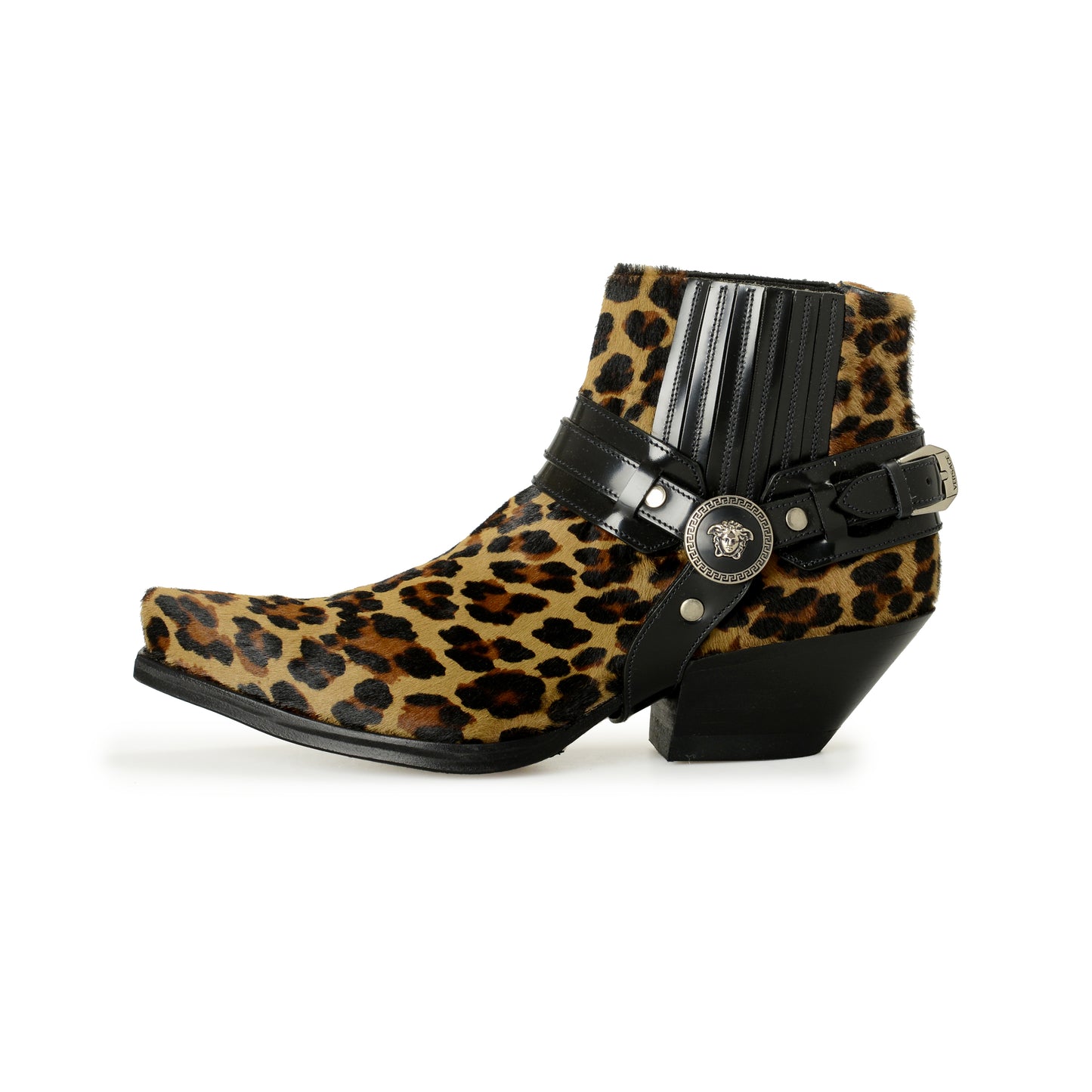 Versace Women's Pony Hair Leather Silver Medusa Heeled Booties Shoes US 9 IT 39