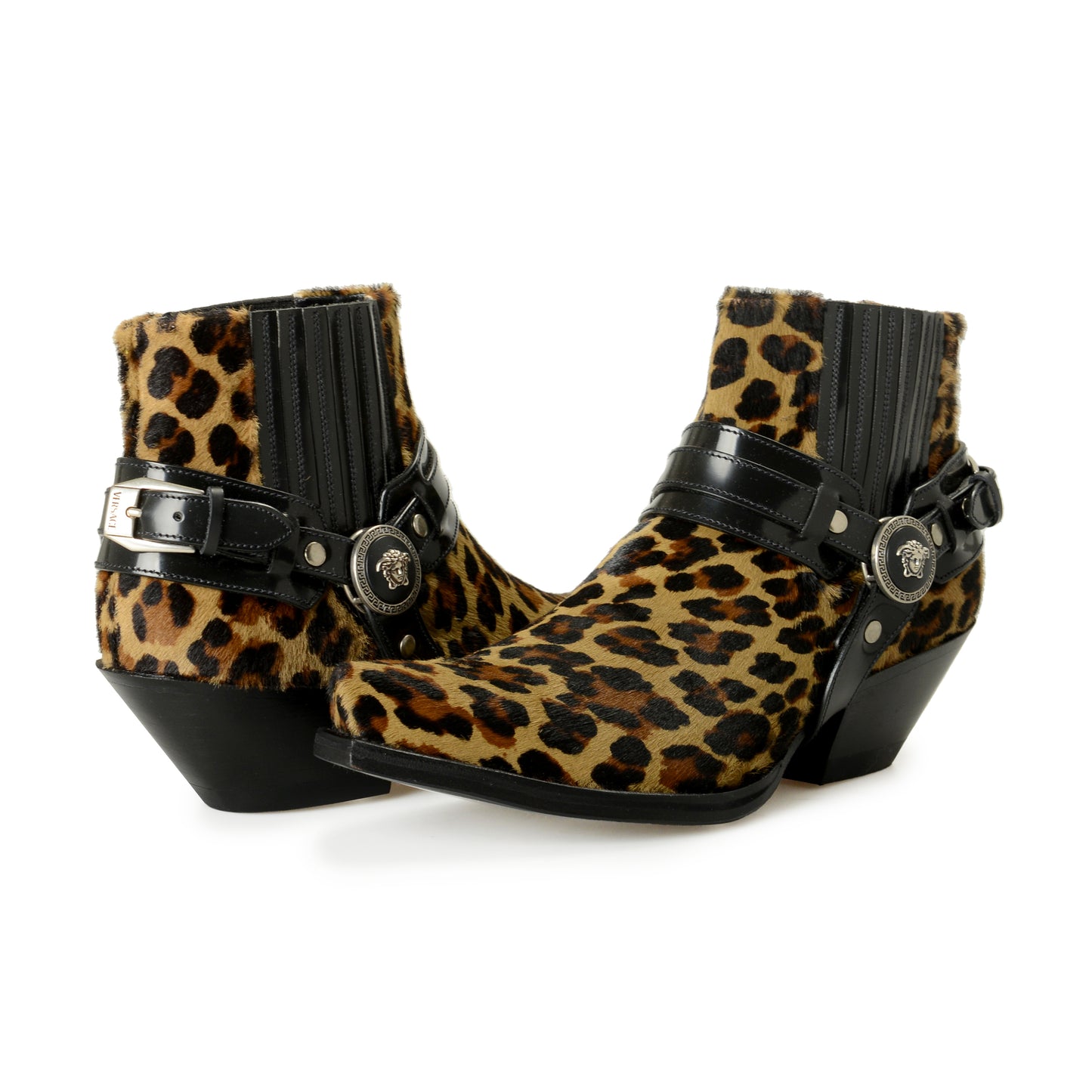 Versace Women's Pony Hair Leather Silver Medusa Heeled Booties Shoes US 9 IT 39