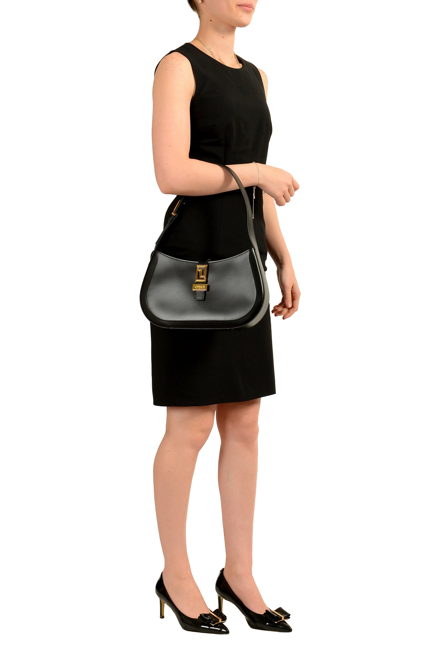 Versace Women's Black 100% Leather Greca Goddess Large Hobo Handbag Shoulder Bag