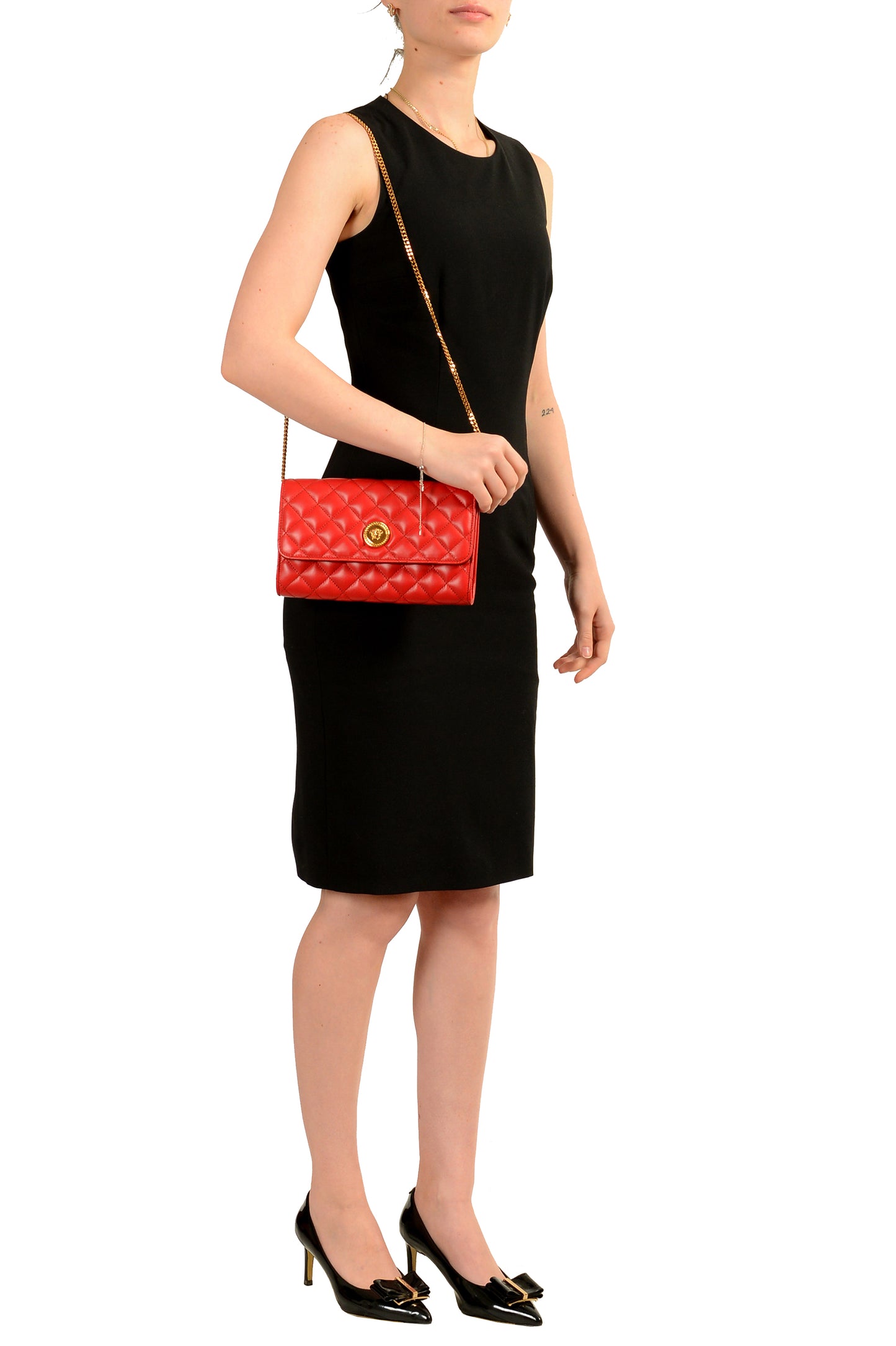 Versace Women's Leather Gold Medusa Quilted Clutch Chain Wallet Shoulder Bag