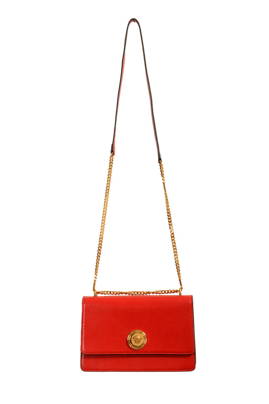 Versace Red 100% Leather Snake Skin Print Gold Medusa Chain Handbag Shoulder Bag