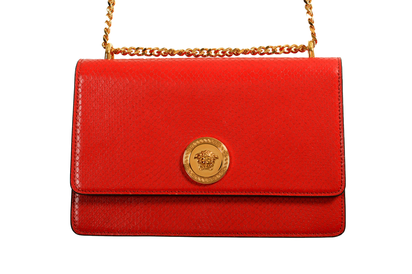 Versace Red 100% Leather Snake Skin Print Gold Medusa Chain Handbag Shoulder Bag