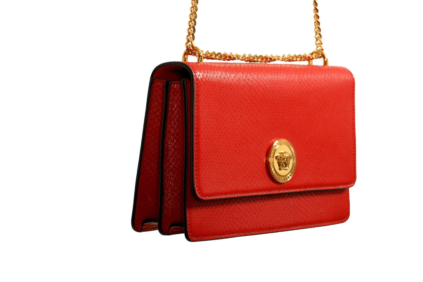Versace Red 100% Leather Snake Skin Print Gold Medusa Chain Handbag Shoulder Bag