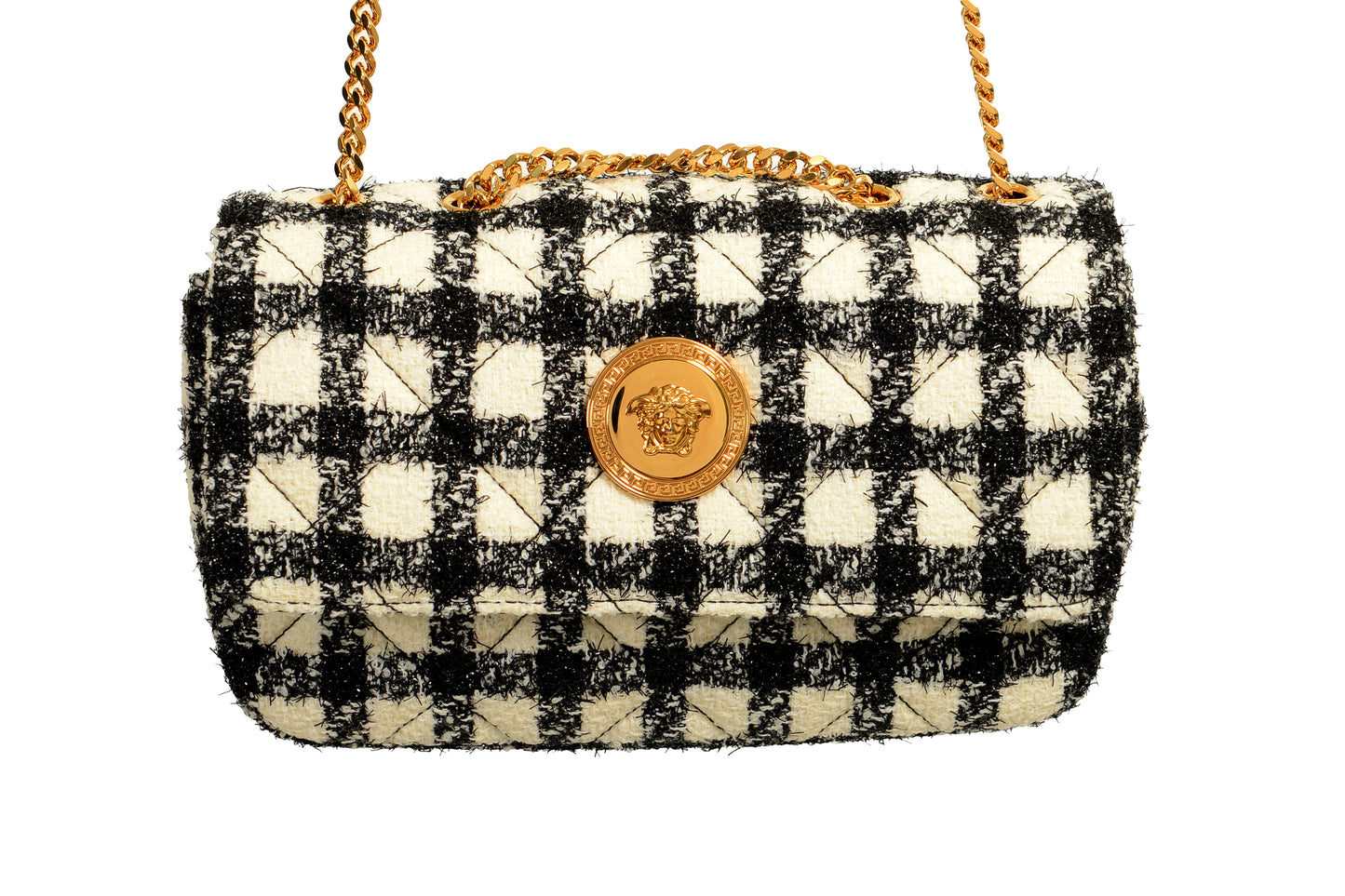 Versace Women's Tweed Wool Gold Medusa Quilted Handbag Shoulder Bag