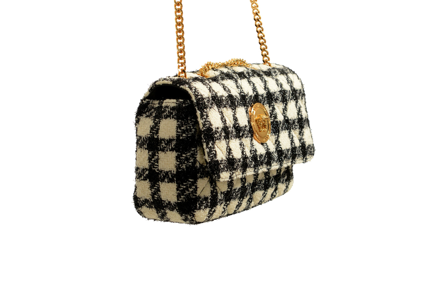 Versace Women's Tweed Wool Gold Medusa Quilted Handbag Shoulder Bag