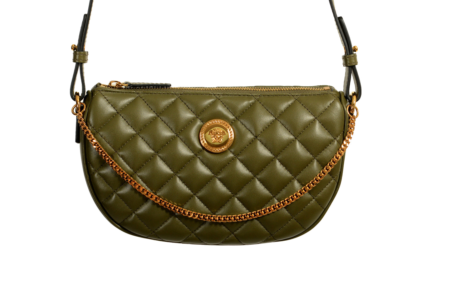 Versace Women's Leather Gold Medusa Quilted Half Moon Chain Handbag Shoulder Bag