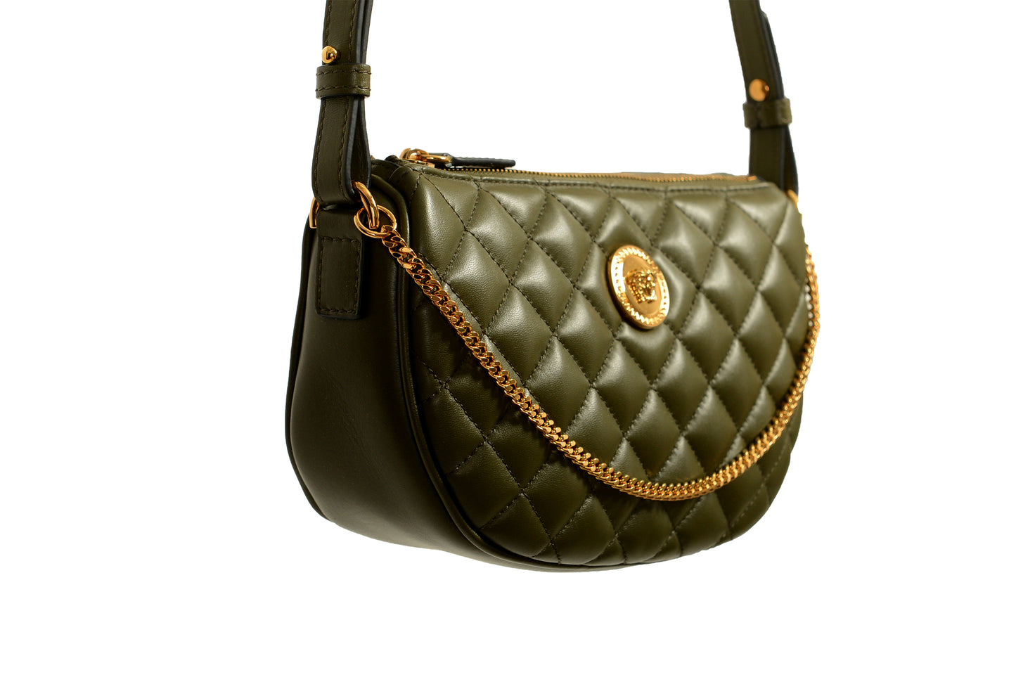 Versace Women's Leather Gold Medusa Quilted Half Moon Chain Handbag Shoulder Bag