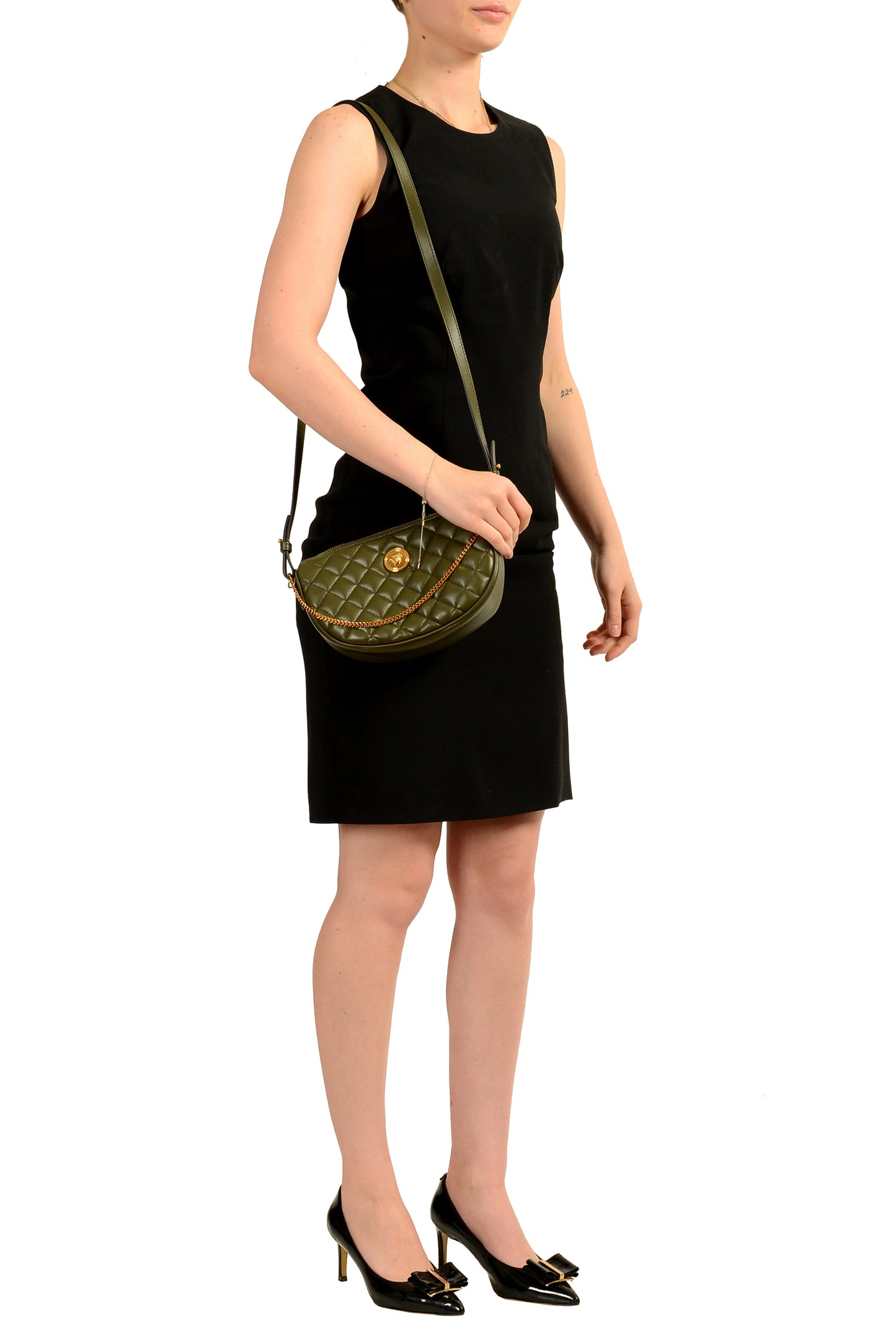Versace Women's Leather Gold Medusa Quilted Half Moon Chain Handbag Shoulder Bag