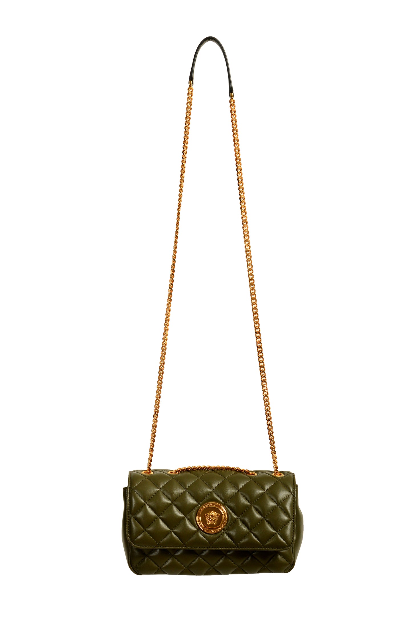 Versace Women's Olive Leather Gold Medusa Quilted Small Handbag Shoulder Bag