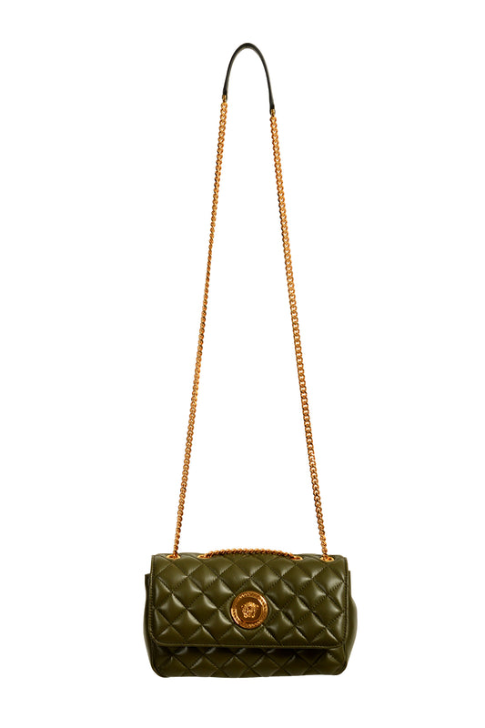 Versace Women's Olive Leather Gold Medusa Quilted Small Handbag Shoulder Bag