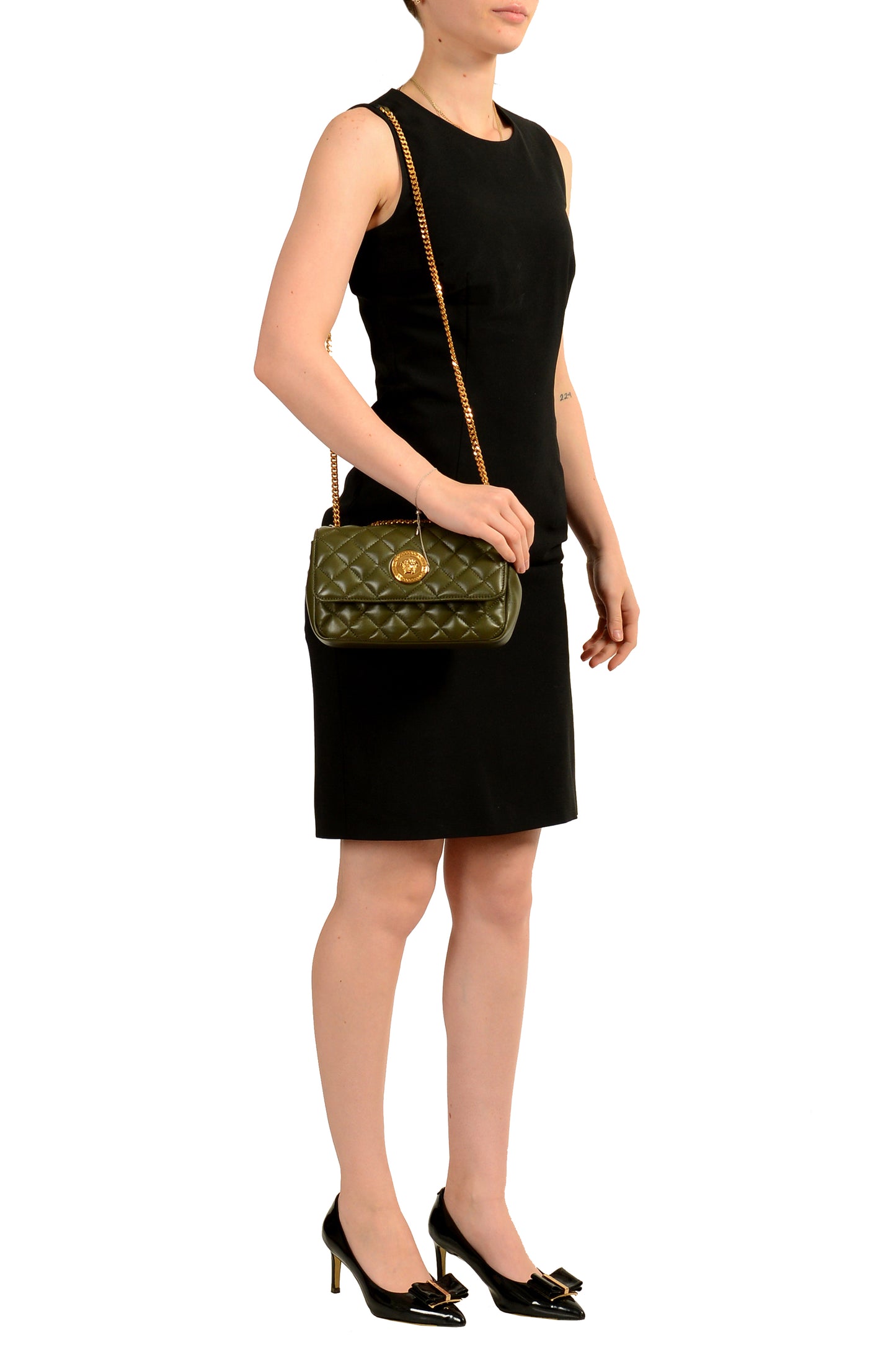 Versace Women's Olive Leather Gold Medusa Quilted Small Handbag Shoulder Bag